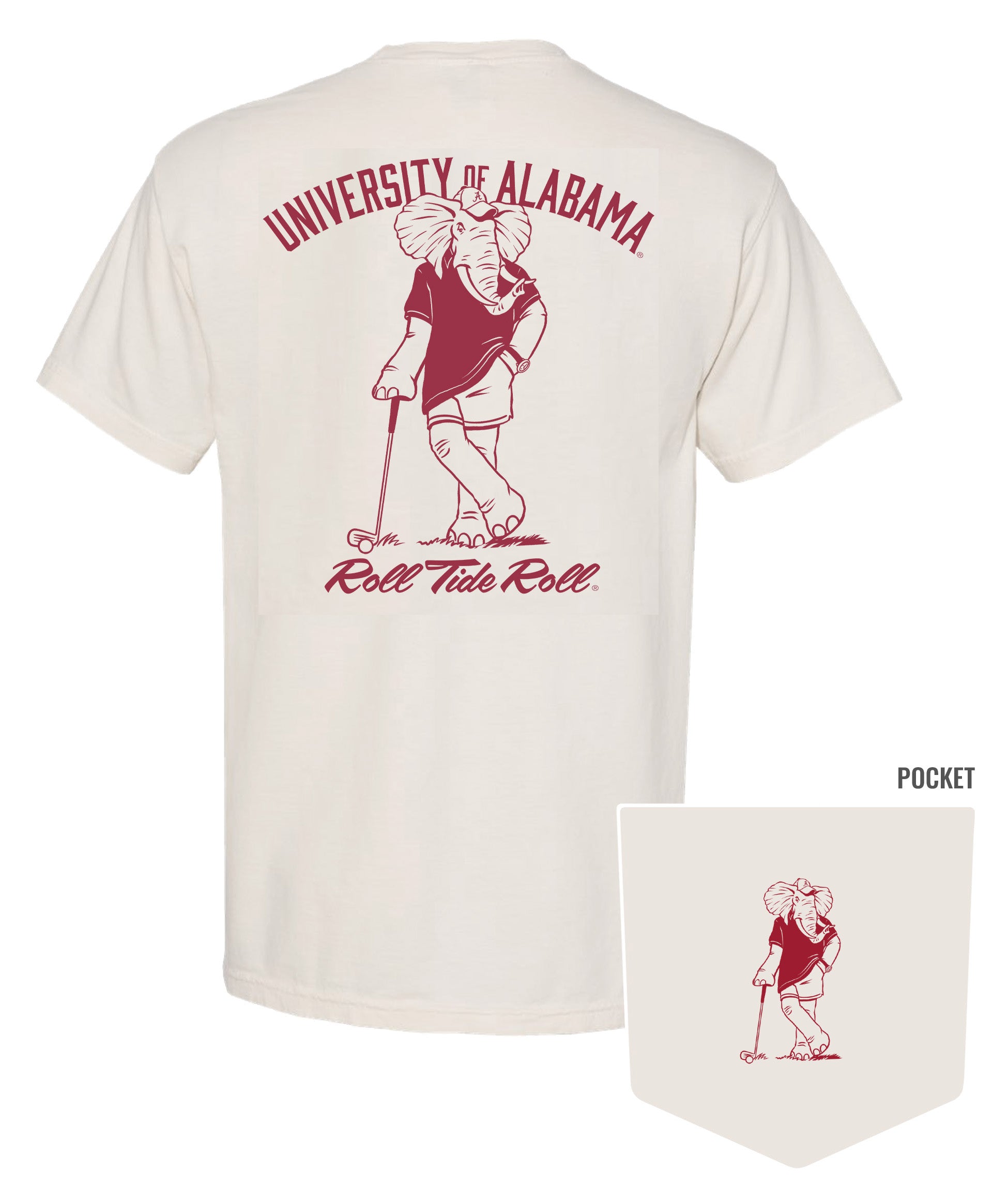 University of Alabama Ivory T-Shirt with an image of Big Al leaning against a golf club between Red Text "University of Alabama" and "Roll Tide Roll"