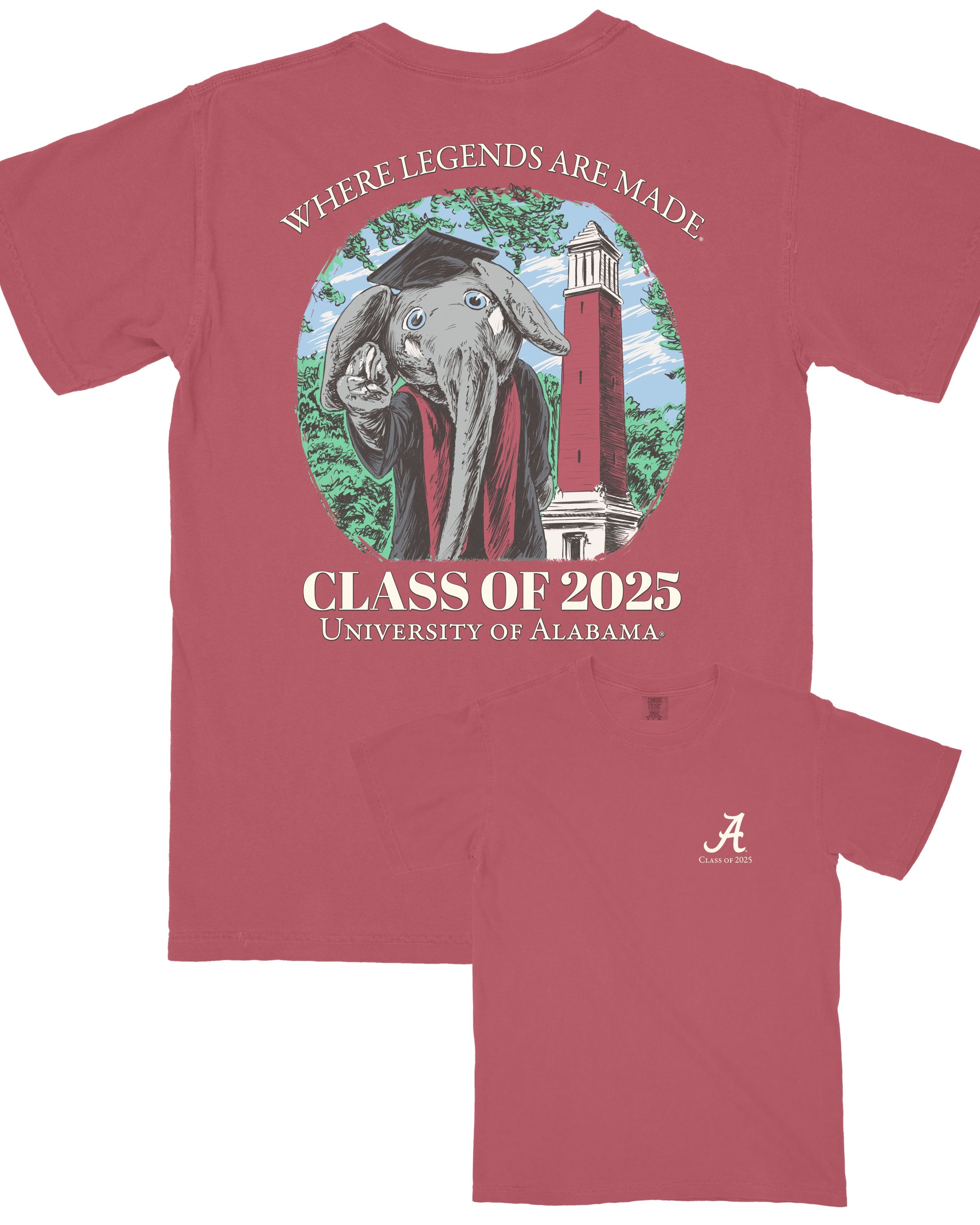 University of Alabama Red Big Al Graduation T-Shirt with an image of Big Al in graduation attire in front of Denny Chimes above White text "Class of 2025"