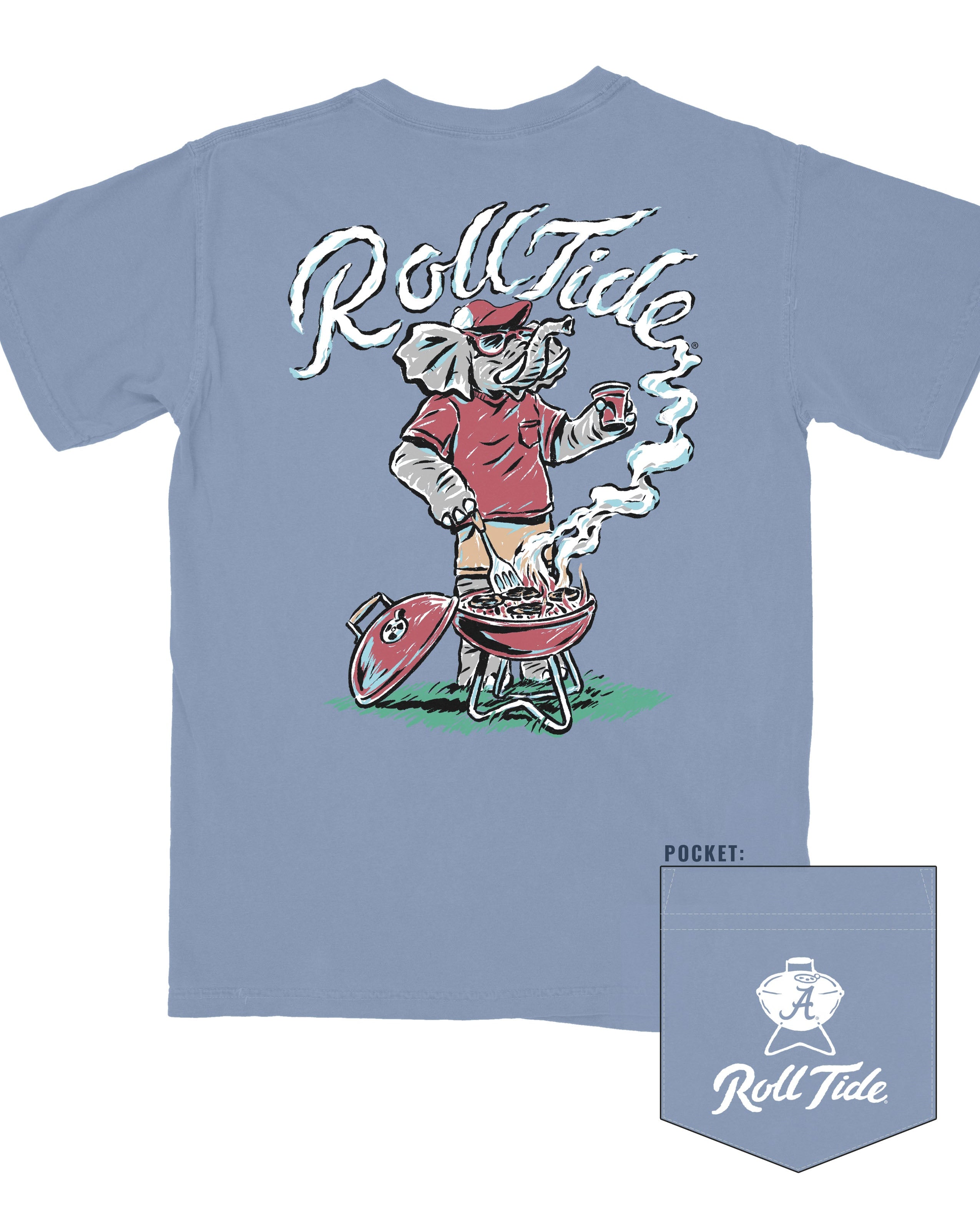 University of Alabama Blue T-Shirt with a drawing of Big Al grilling and the words “Roll Tide” written in the smoke