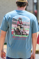 University of Alabama Blue Big Al Grounds Crew T-Shirt with an image of Big Al in a polo and khakis riding a lawnmower