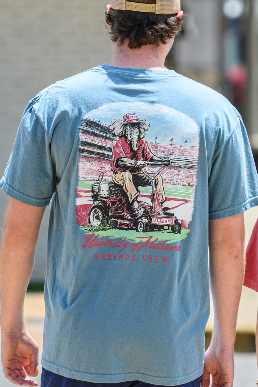 University of Alabama Blue Big Al Grounds Crew T-Shirt with an image of Big Al in a polo and khakis riding a lawnmower