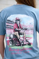 University of Alabama Blue Big Al Grounds Crew T-Shirt with an image of Big Al in a polo and khakis riding a lawnmower
