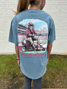 University of Alabama Blue Big Al Grounds Crew T-Shirt with an image of Big Al in a polo and khakis riding a lawnmower