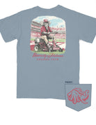 University of Alabama Blue Big Al Grounds Crew T-Shirt with an image of Big Al in a polo and khakis riding a lawnmower