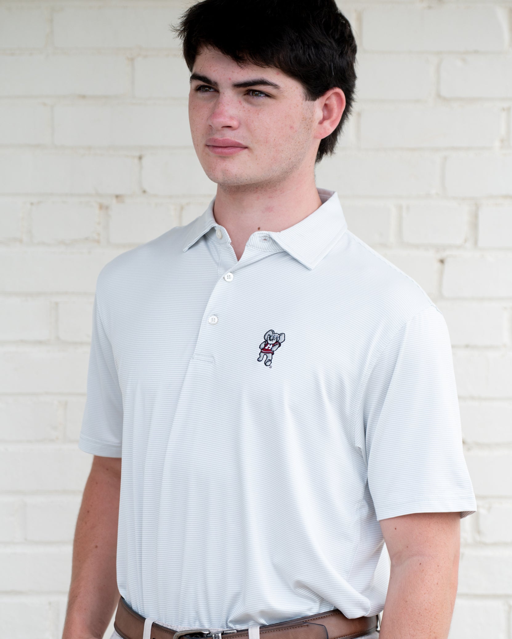 University of Alabama Light Grey Men’s Stripe Polo with the Big Al Logo embroidery