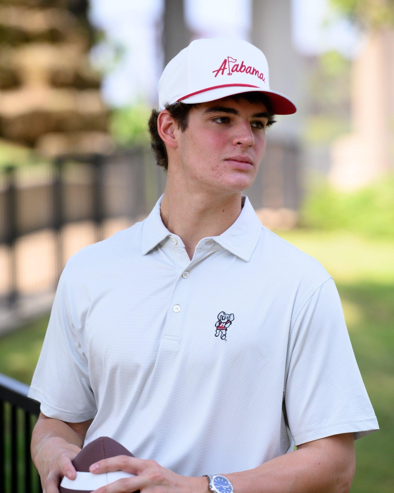 University of Alabama Light Grey Men’s Stripe Polo with the Big Al Logo embroidery