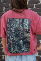 University of Alabama Big Al Turkey Call Comfort Colors Bay with an image of Big Al wearing hunting gear and sitting next to turkeys