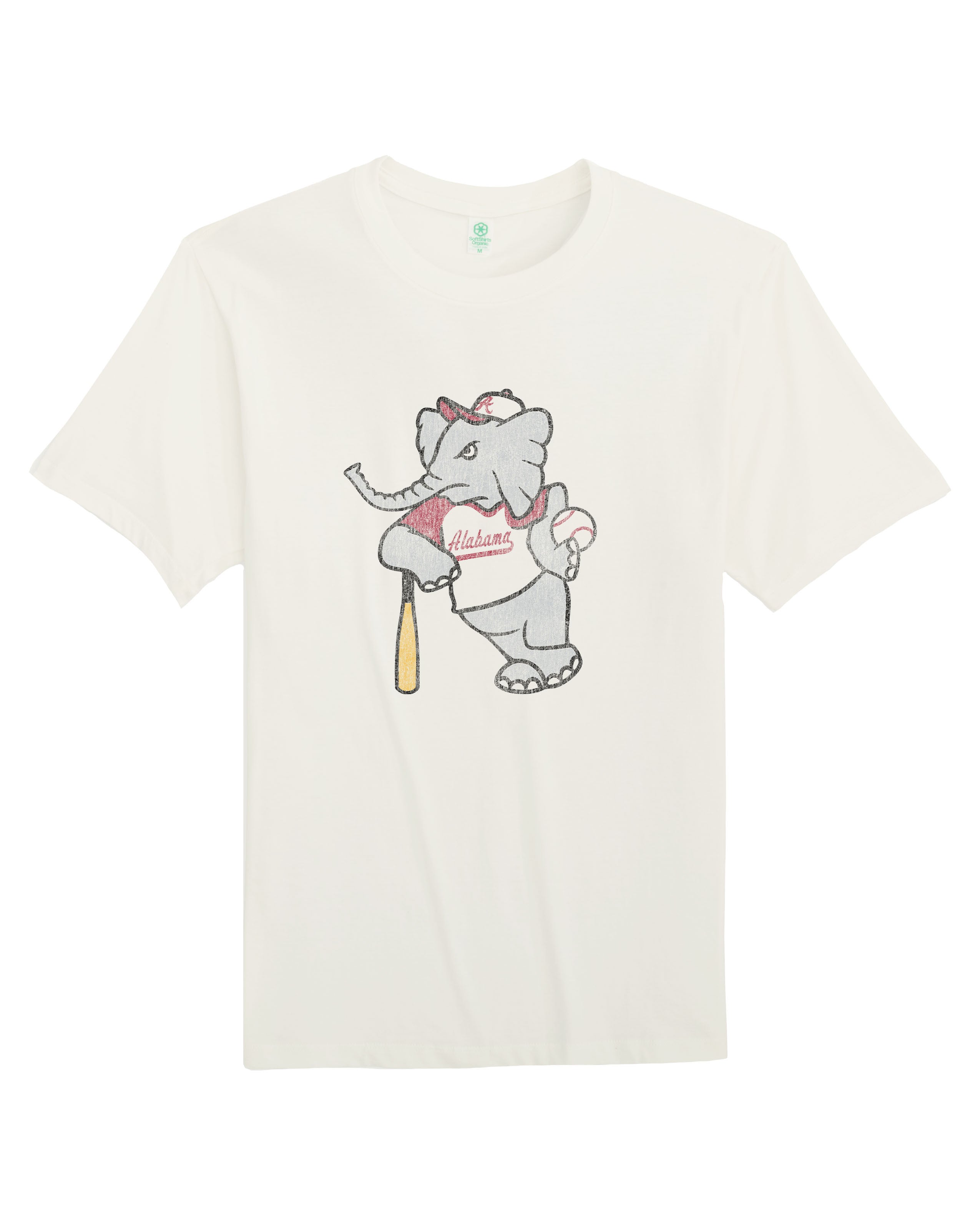University of Alabama Big Al Vintage Baseball Ivory SoftShirts T-Shirt with an image of a vintage Big Al in a baseball uniform leaning against a baseball bat