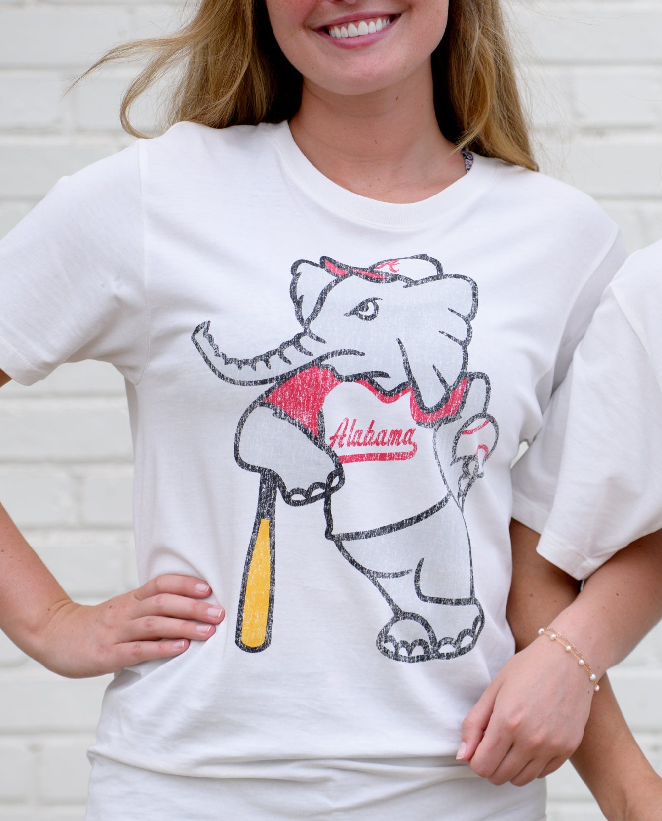 University of Alabama Big Al Vintage Baseball Ivory SoftShirts T-Shirt with an image of a vintage Big Al in a baseball uniform leaning against a baseball bat