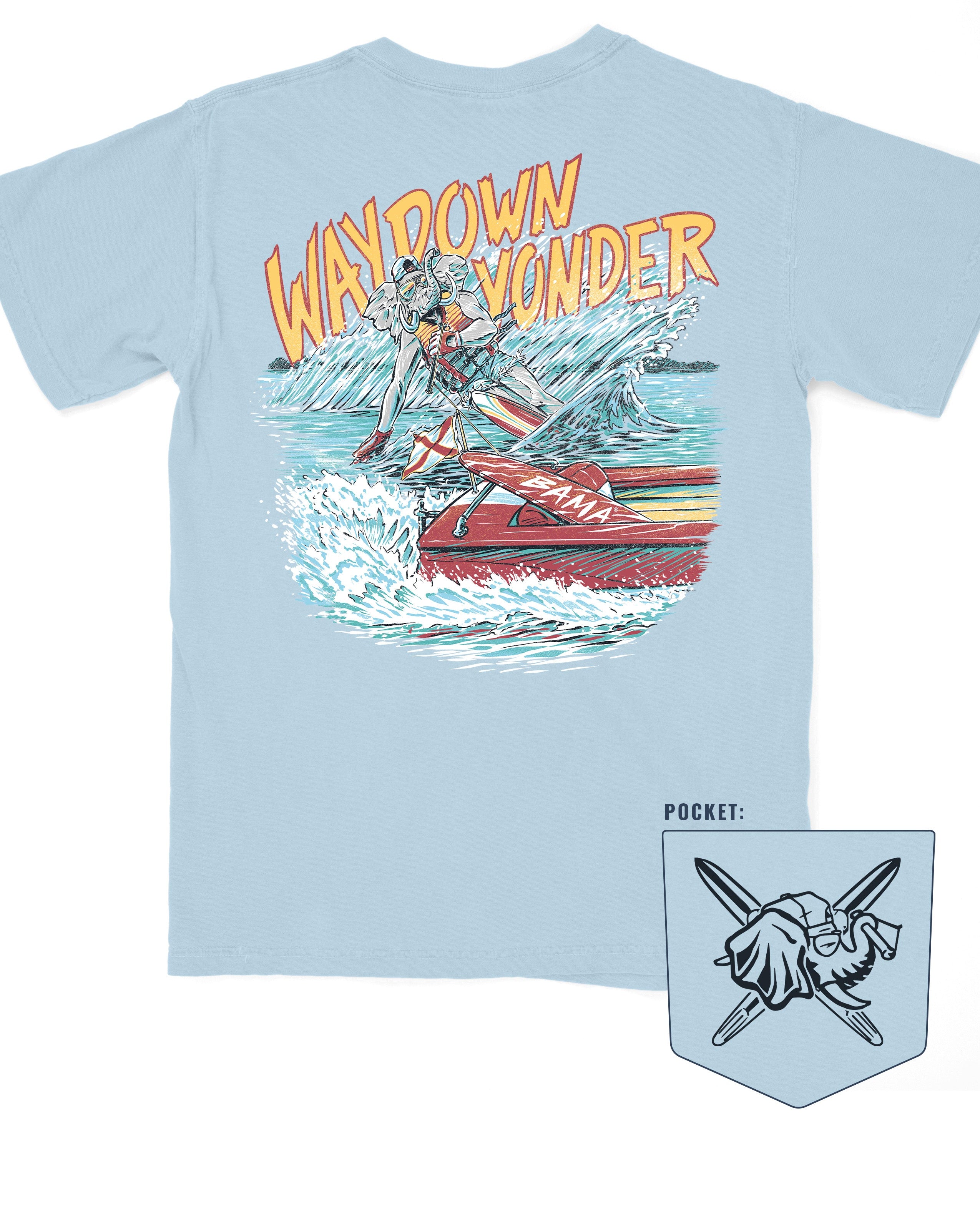 University of Alabama Baby Blue T-Shirt with Yellow text “Way Down Yonder” above an image of Big Al water skiing