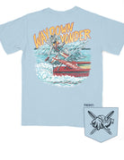 University of Alabama Baby Blue T-Shirt with Yellow text “Way Down Yonder” above an image of Big Al water skiing