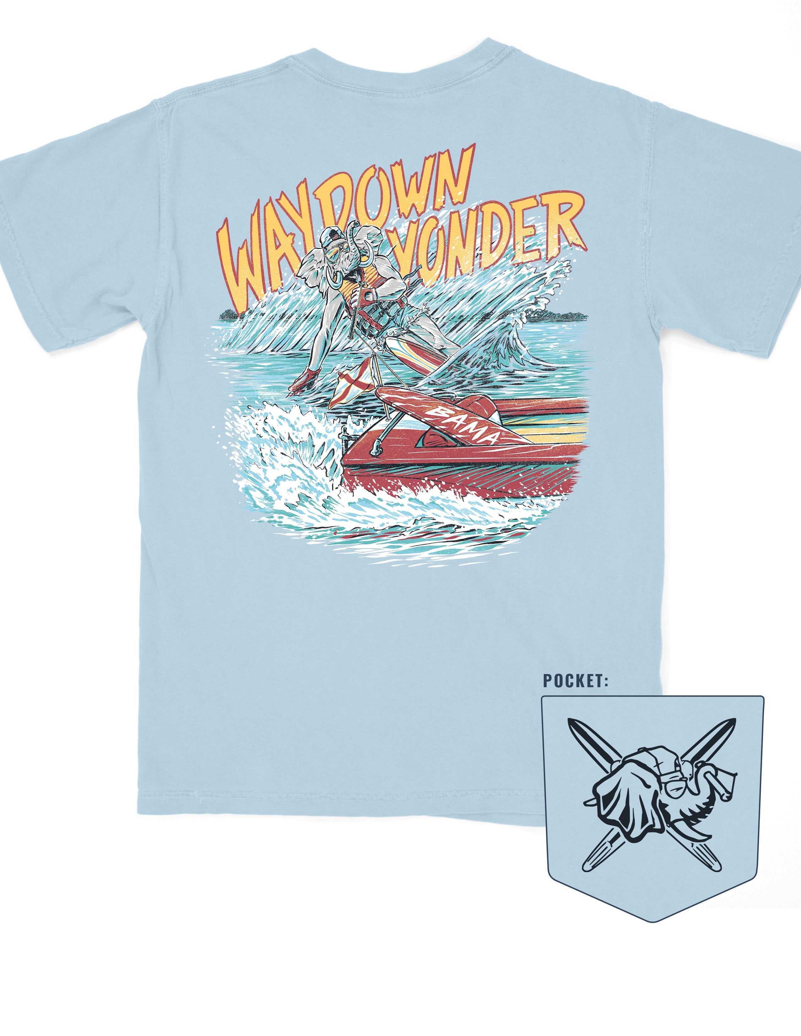 University of Alabama Baby Blue T-Shirt with Yellow text “Way Down Yonder” above an image of Big Al water skiing