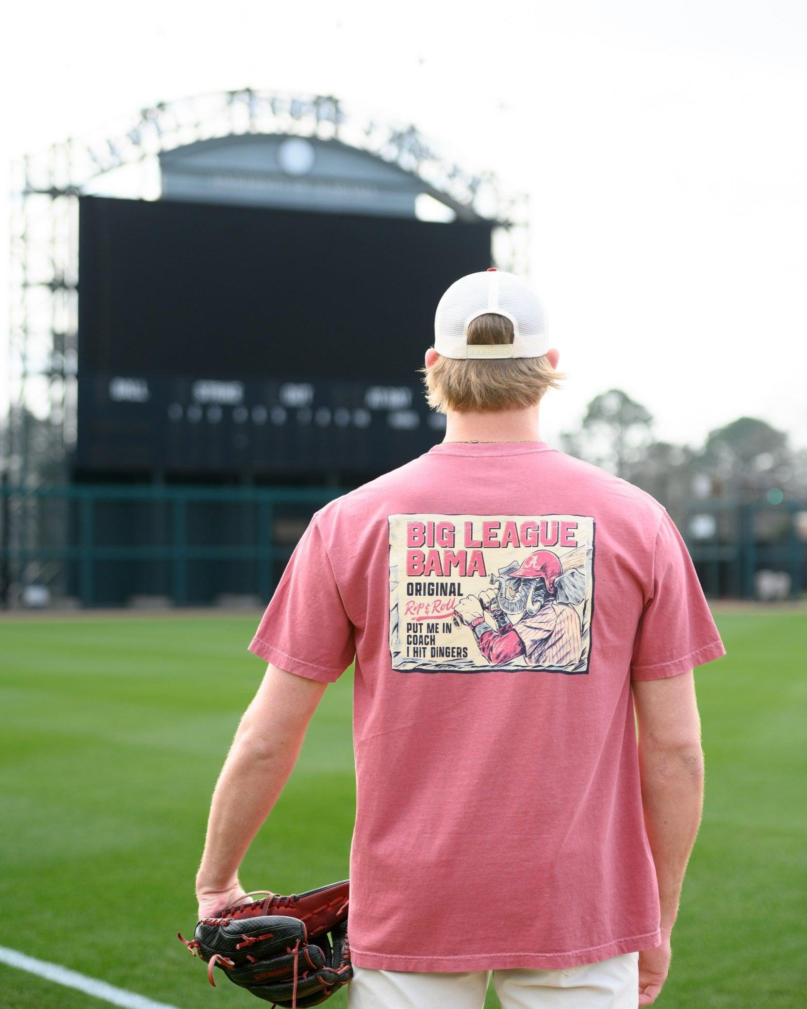 University of Alabama Red Comfort Colors T-Shirt with an image of Big Al in baseball gear swinging a bat below text "Big League Bama"