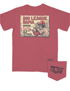University of Alabama Red Comfort Colors T-Shirt with an image of Big Al in baseball gear swinging a bat  below text "Big League Bama"