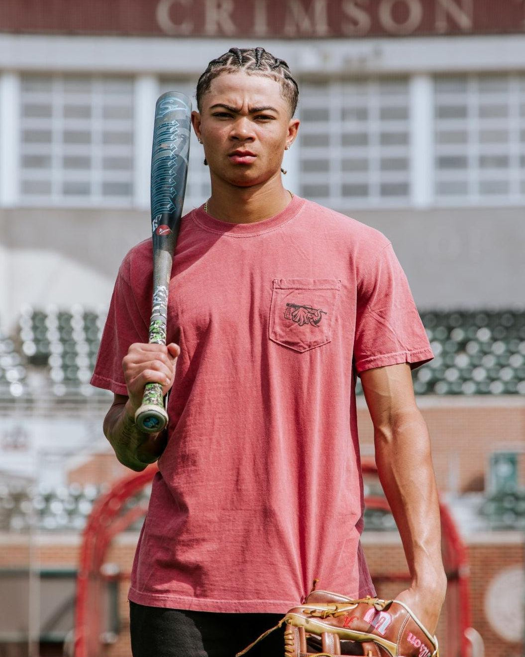 Front Pocket design featuring big al holding a baseball bat over his head