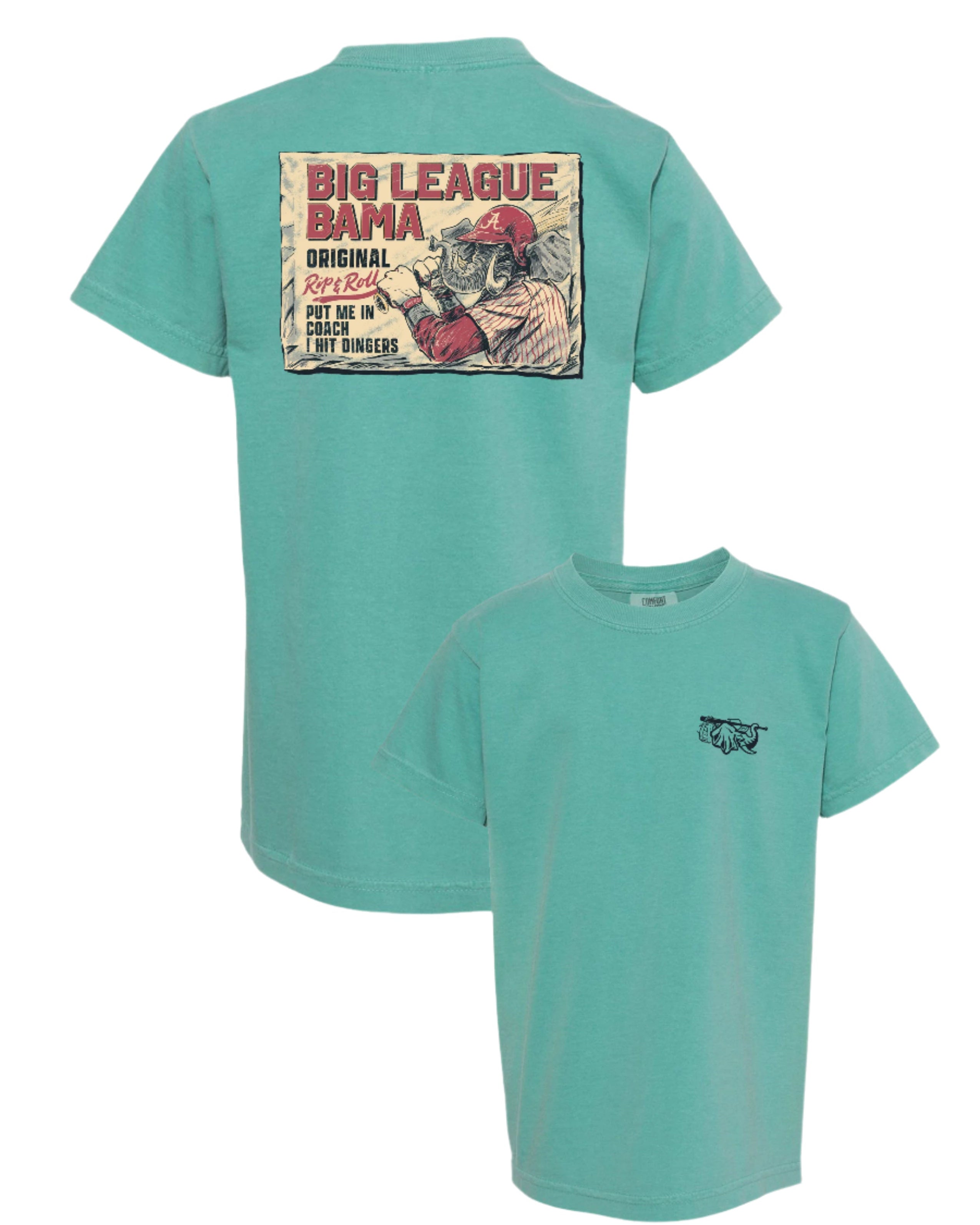 University of Alabama Seafoam Comfort Colors Youth T-Shirt with an image of Big Al in baseball gear swinging a bat below text "Big League Bama"