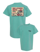 University of Alabama Seafoam Comfort Colors Youth T-Shirt with an image of Big Al in baseball gear swinging a bat below text "Big League Bama"