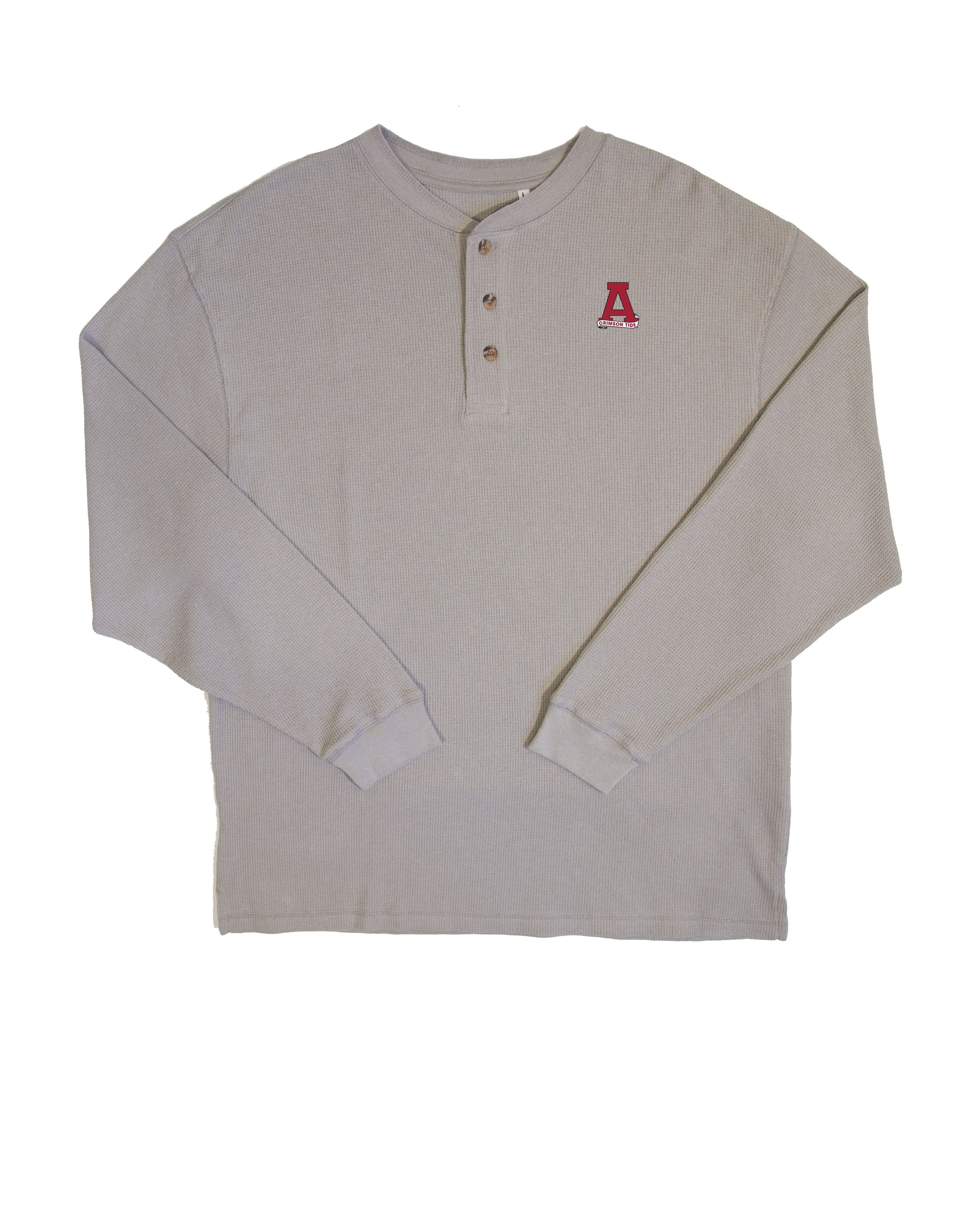 University of Alabama Grey Thermal Henley with Red Block A Logo Embroidery