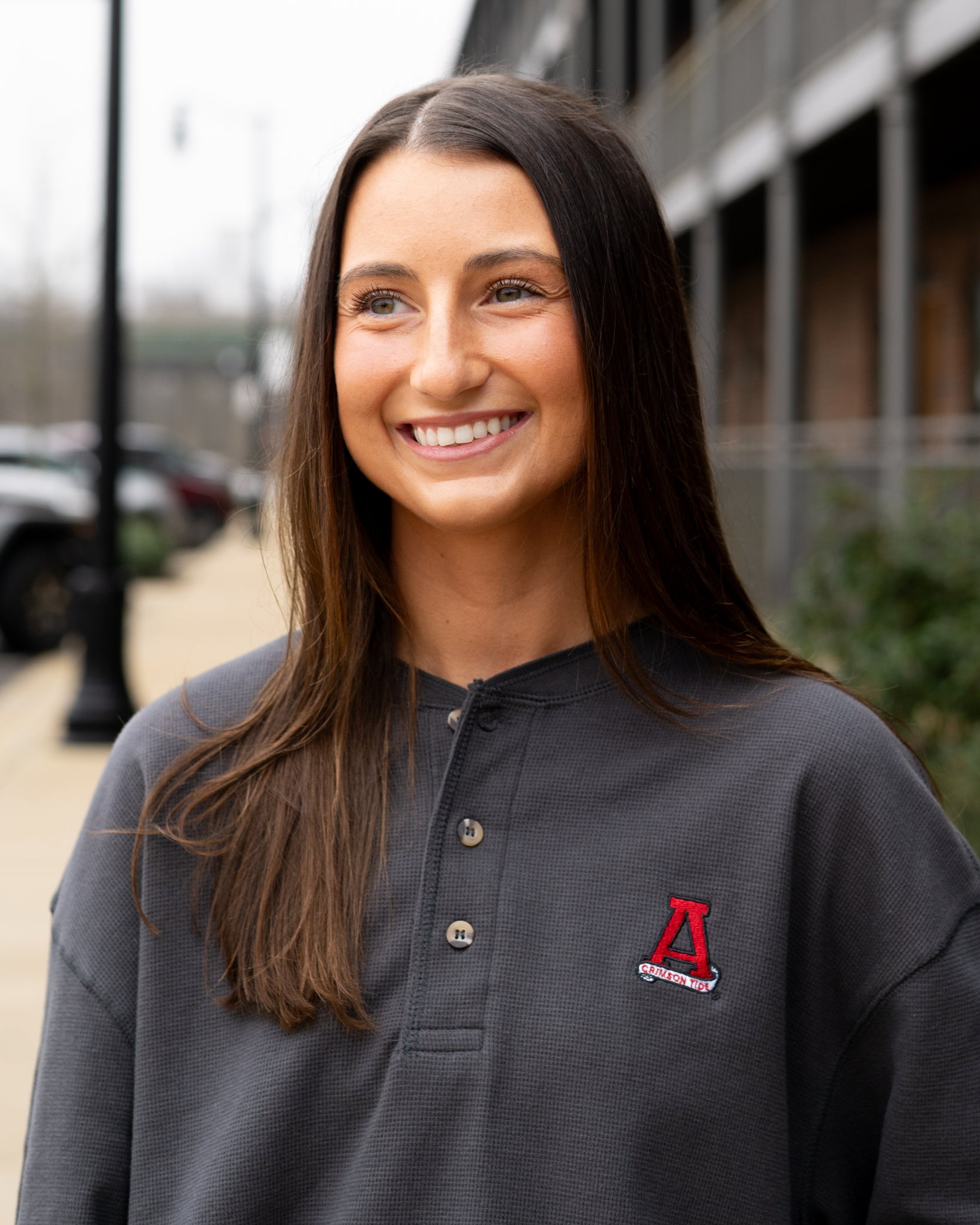 University of Alabama Grey Thermal Henley with Red Block A Logo Embroidery