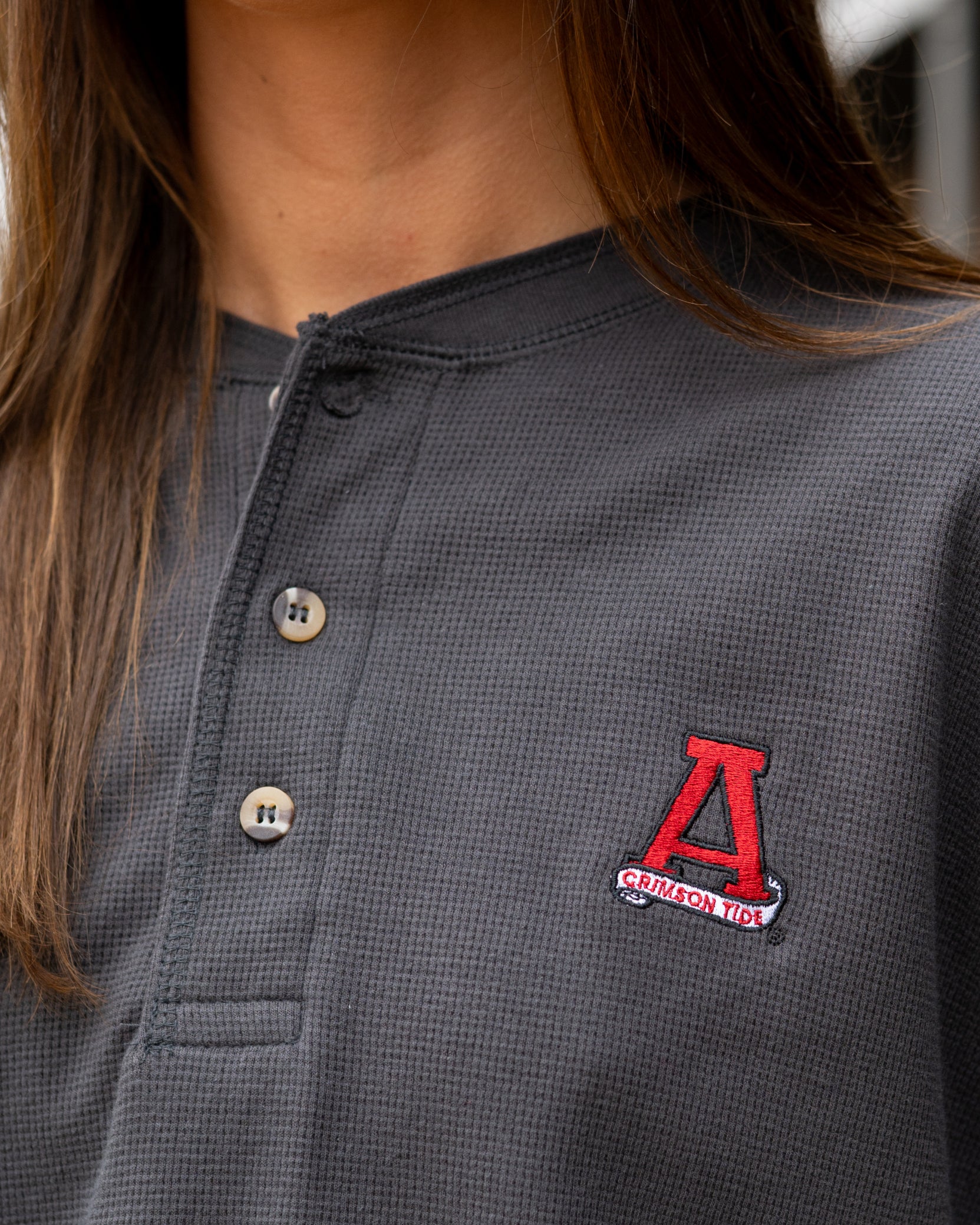 University of Alabama Grey Thermal Henley with Red Block A Logo Embroidery