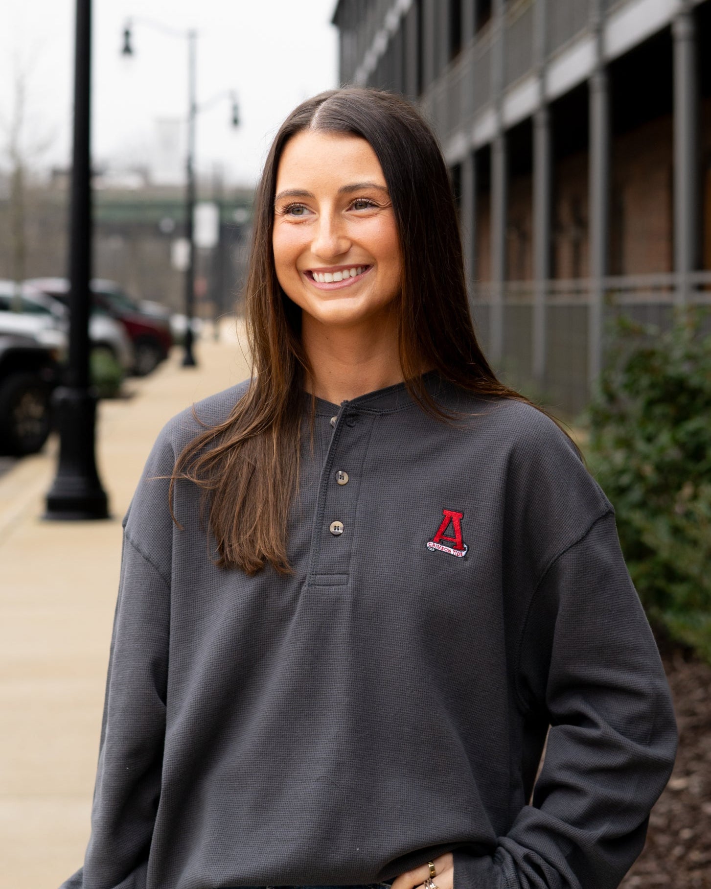 University of Alabama Grey Thermal Henley with Red Block A Logo Embroidery