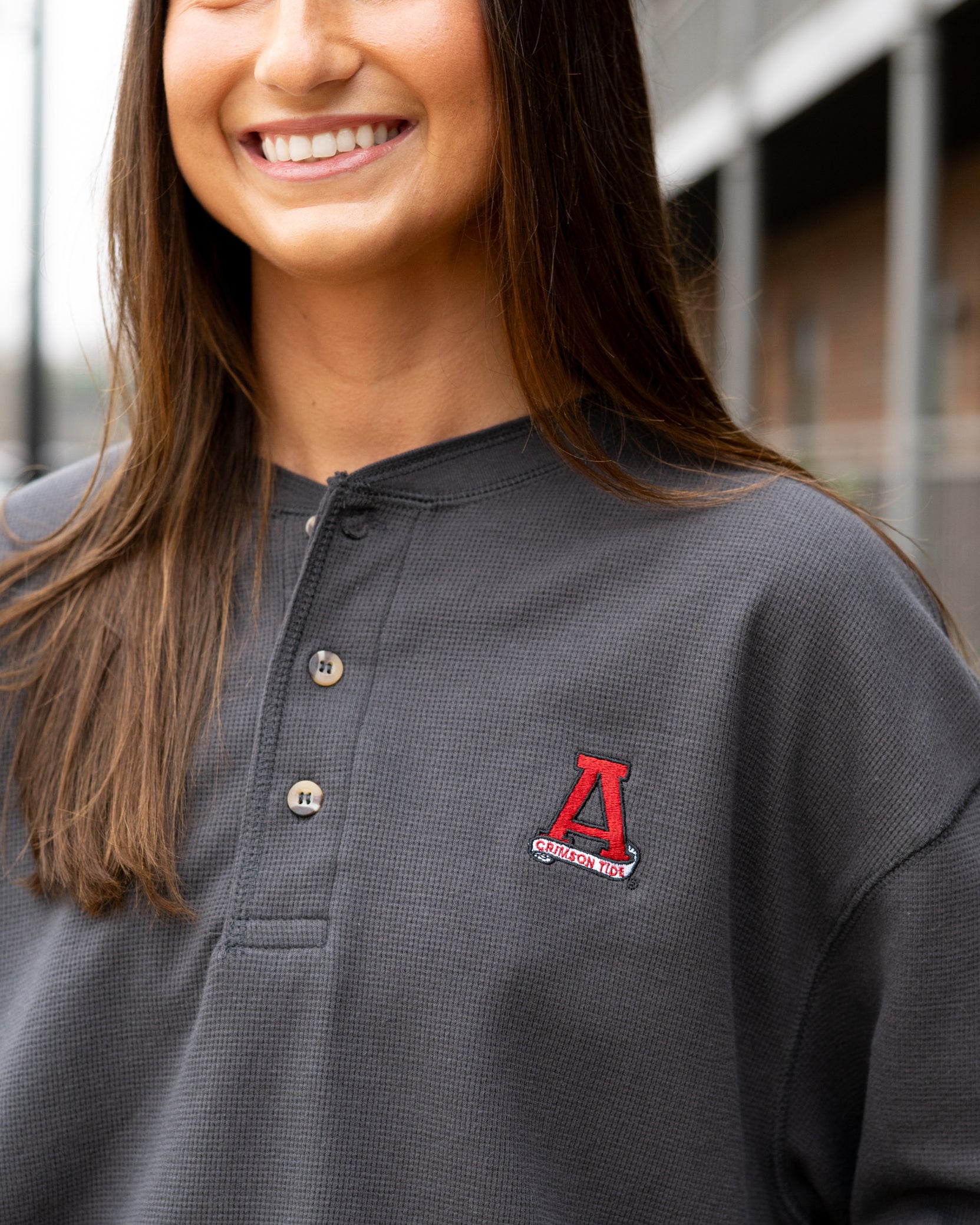 University of Alabama Grey Thermal Henley with Red Block A Logo Embroidery