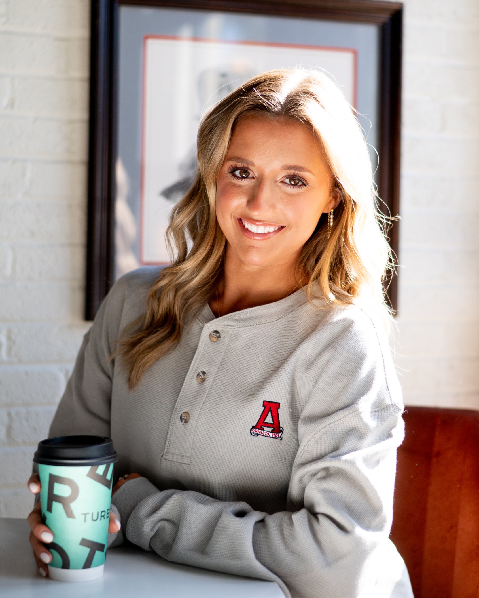 University of Alabama Grey Thermal Henley with Red Block A Logo Embroidery