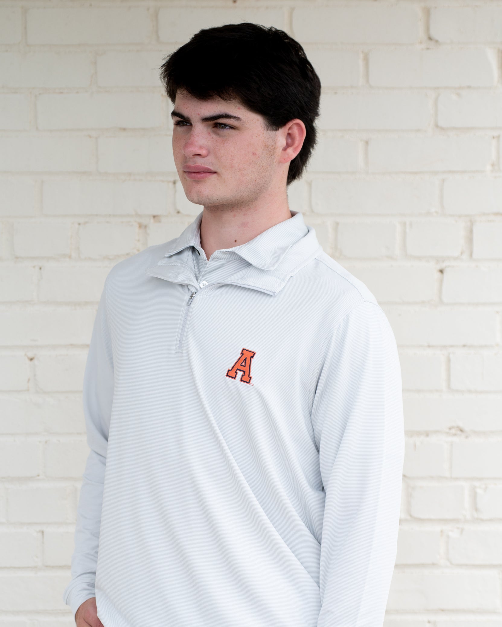 Auburn University Light Grey Men’s Stripe Pullover with Orange Block A Logo embroidery