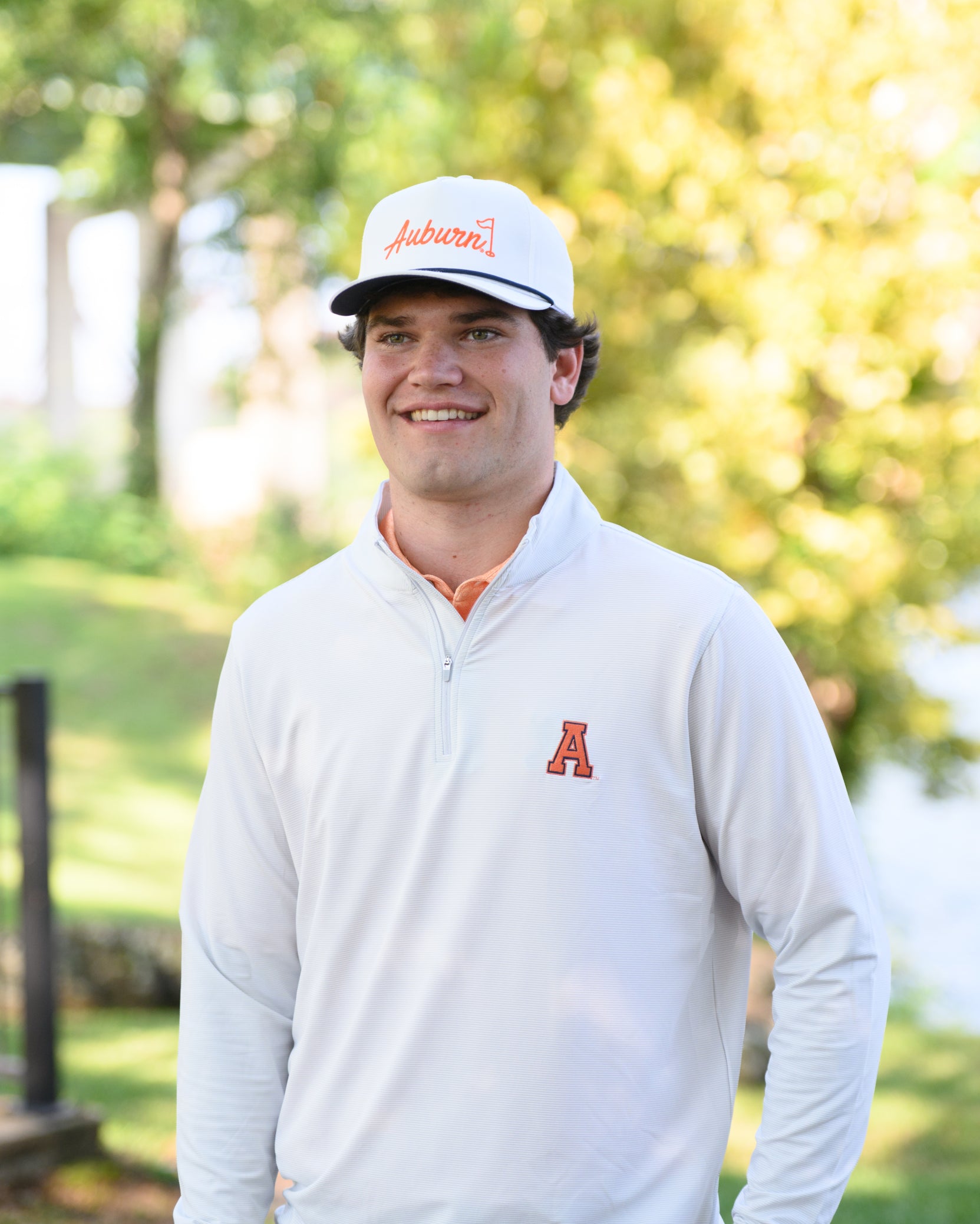 Auburn University Light Grey Men’s Stripe Pullover with Orange Block A Logo embroidery