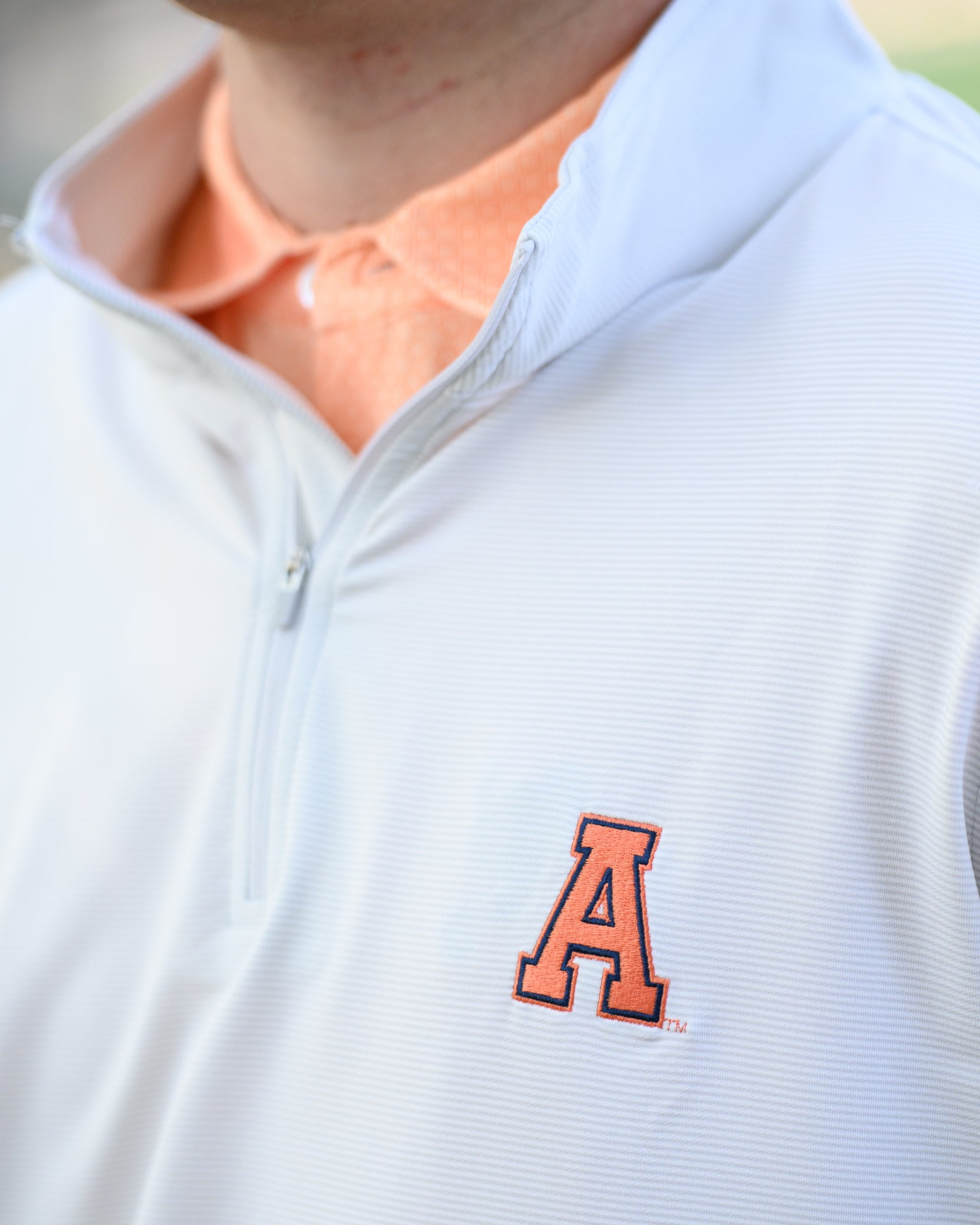 Auburn University Light Grey Men’s Stripe Pullover with Orange Block A Logo embroidery