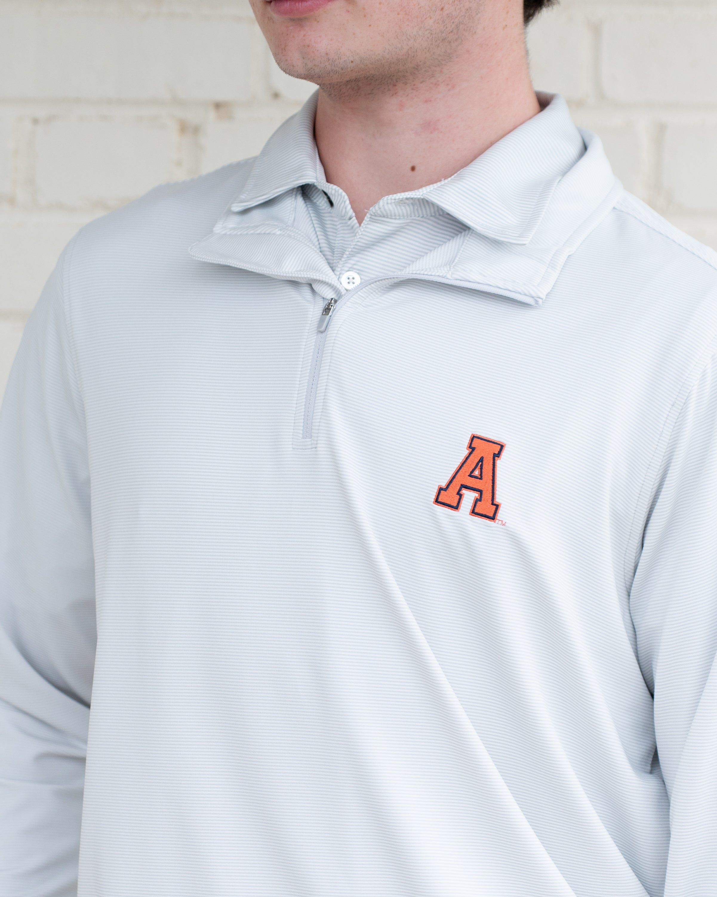 Auburn University Light Grey Men’s Stripe Pullover with Orange Block A Logo embroidery