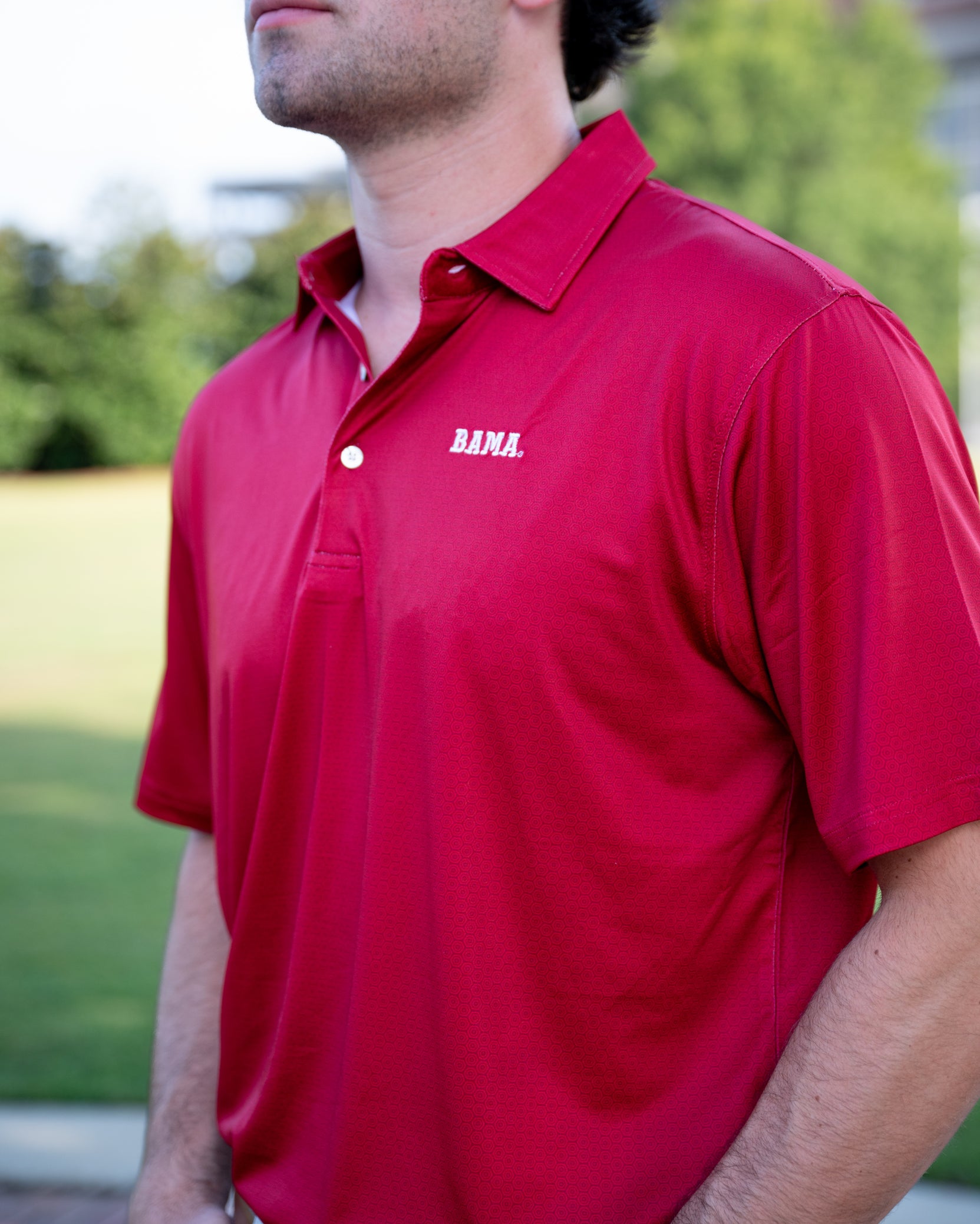 University of Alabama Red Hex Polo with White Block Bama Embroidery