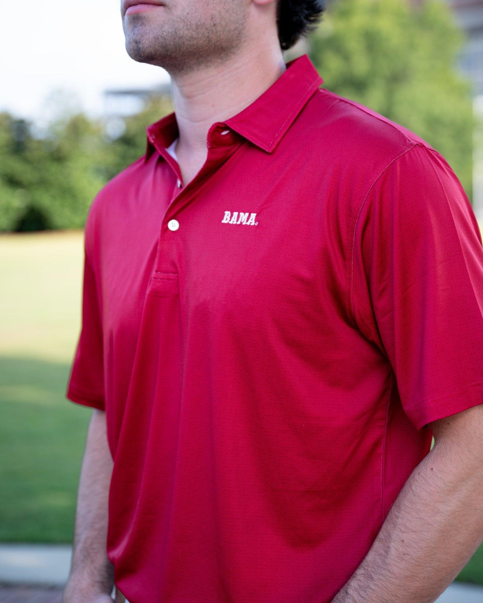 University of Alabama Red Hex Polo with White Block Bama Embroidery
