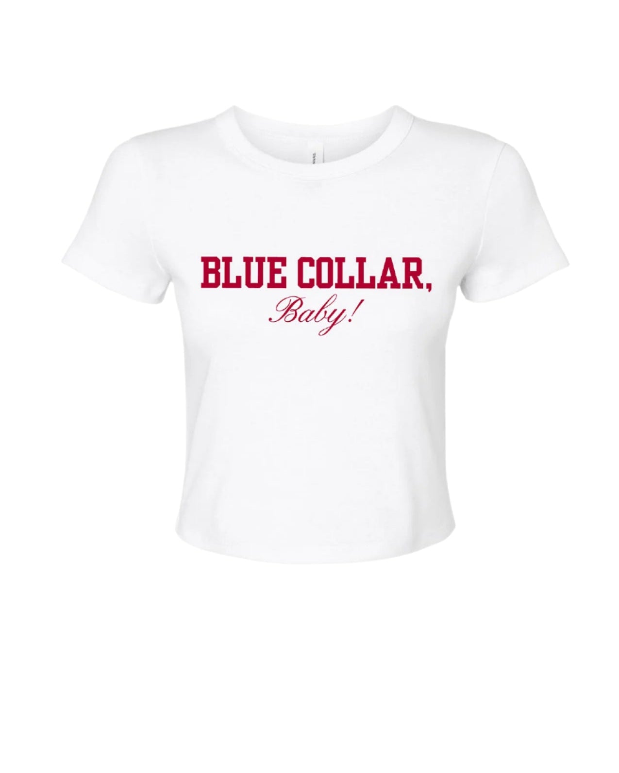 University of Alabama White Ladies' Bella Canvas Ribbed Tee with Red text "BLUE COLLAR, Baby!"