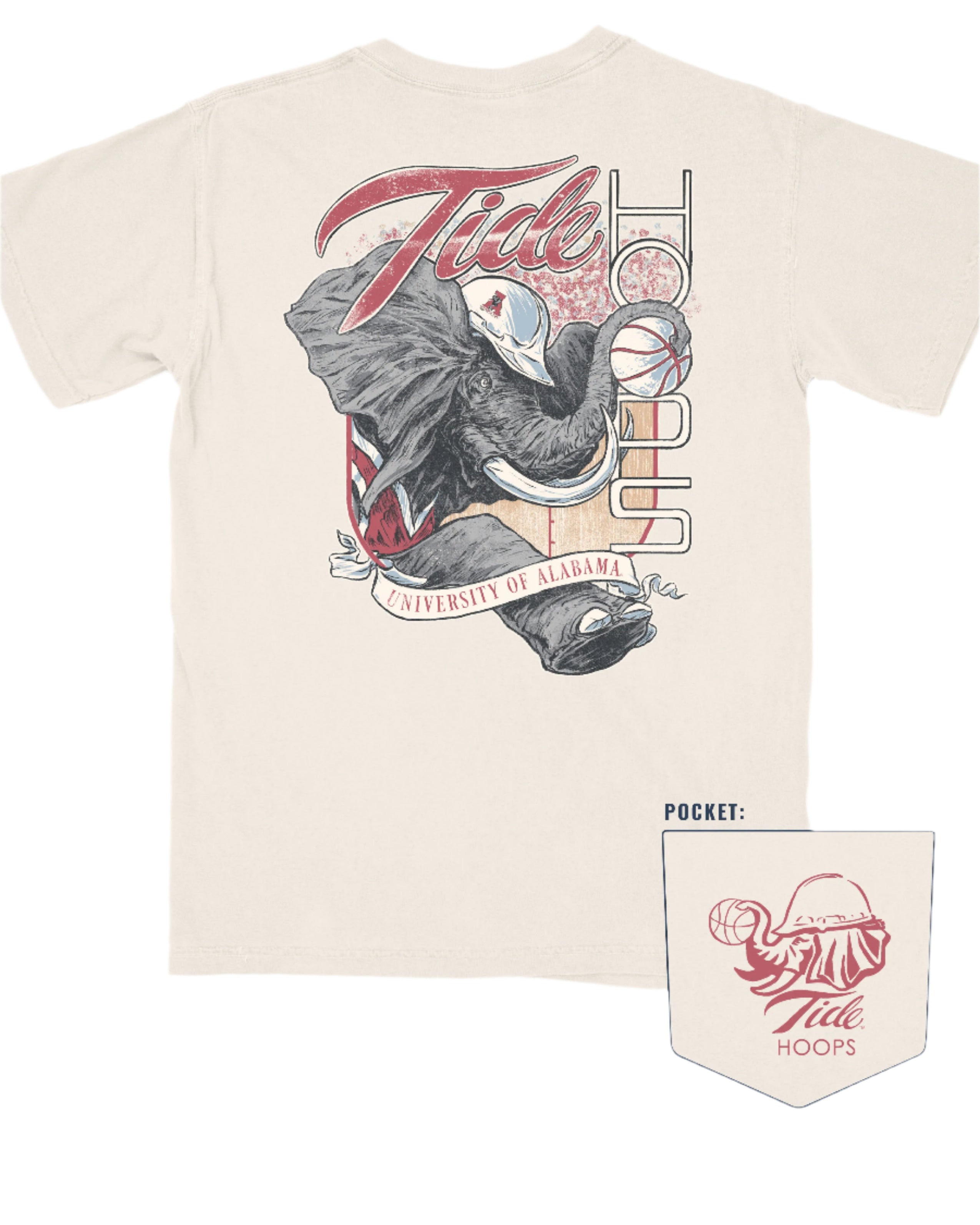 University of Alabama Cream Comfort Colors T-Shirt with an image of Big Al in a hard hat holding a basketball to form the second "O" in "HOOPS