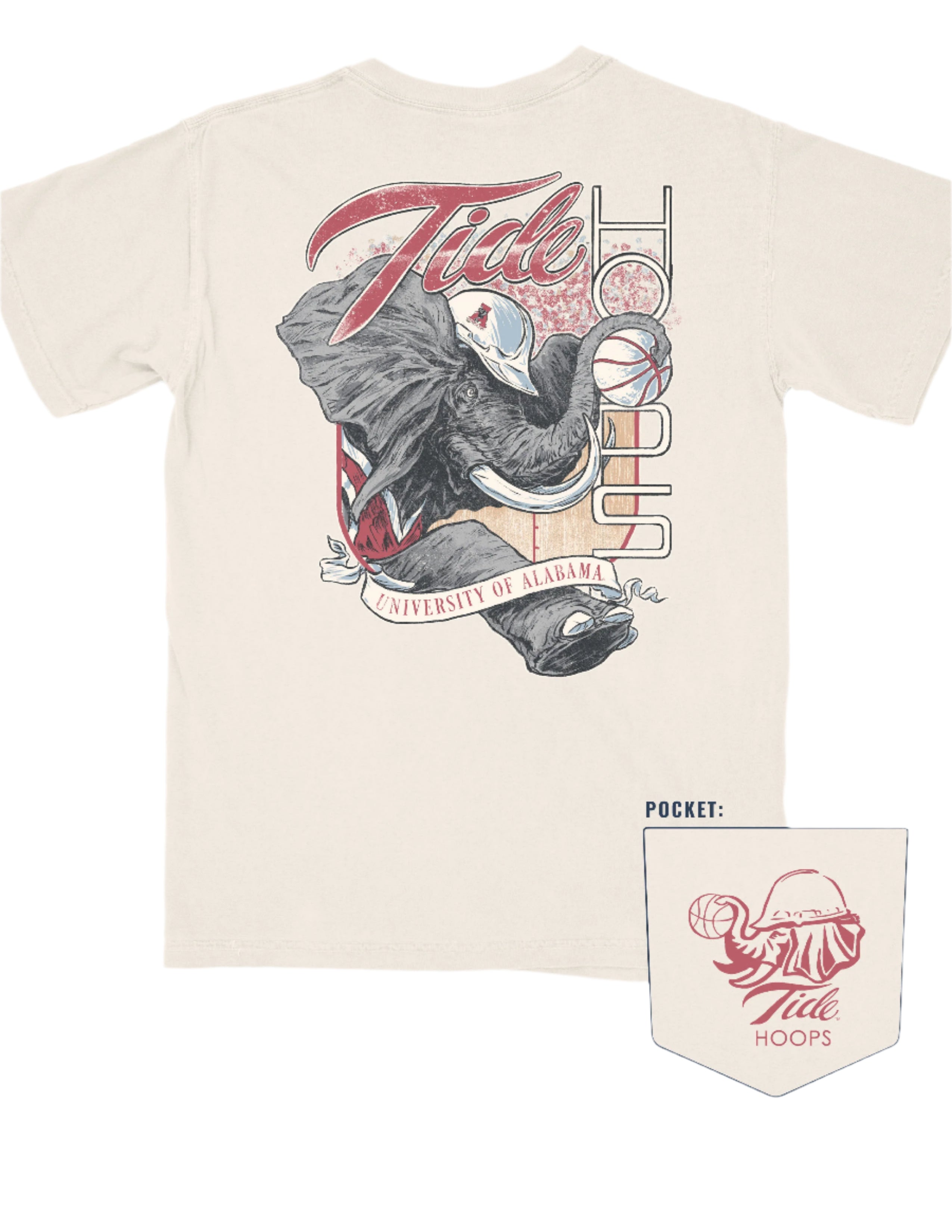 University of Alabama Cream Comfort Colors T-Shirt with an image of Big Al in a hard hat holding a basketball to form the second "O" in "HOOPS