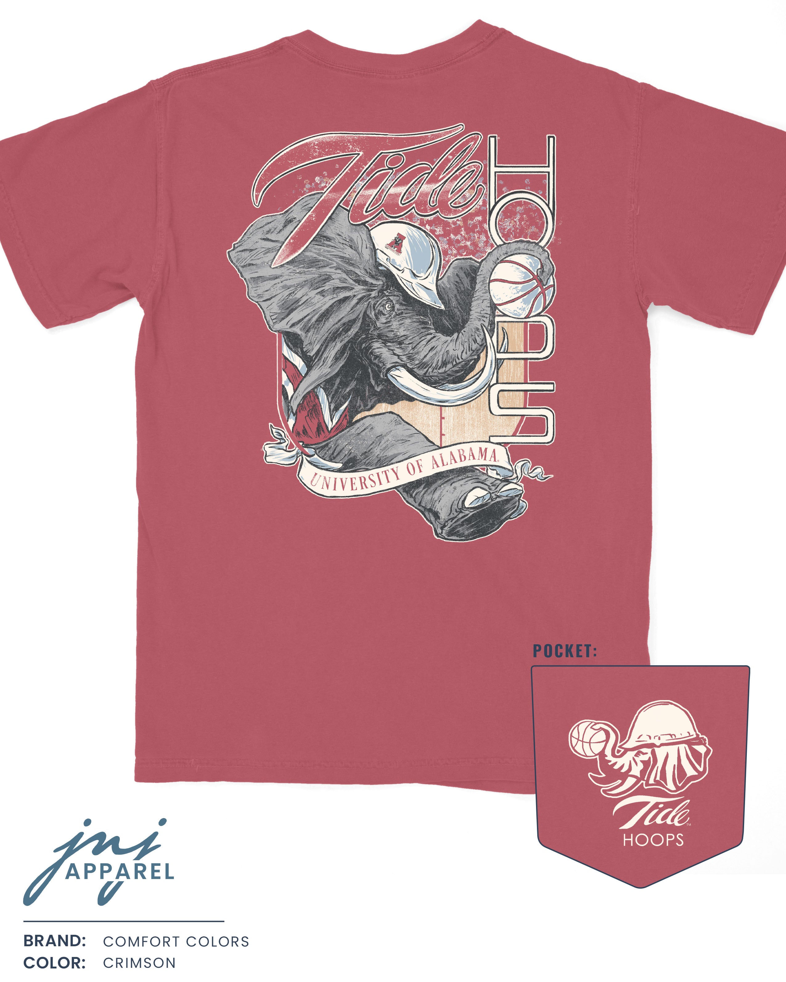 University of Alabama Red T-Shirt with Big Al wearing a hard hat and holding a basketball with his trunk to help spell the word “Hoops”