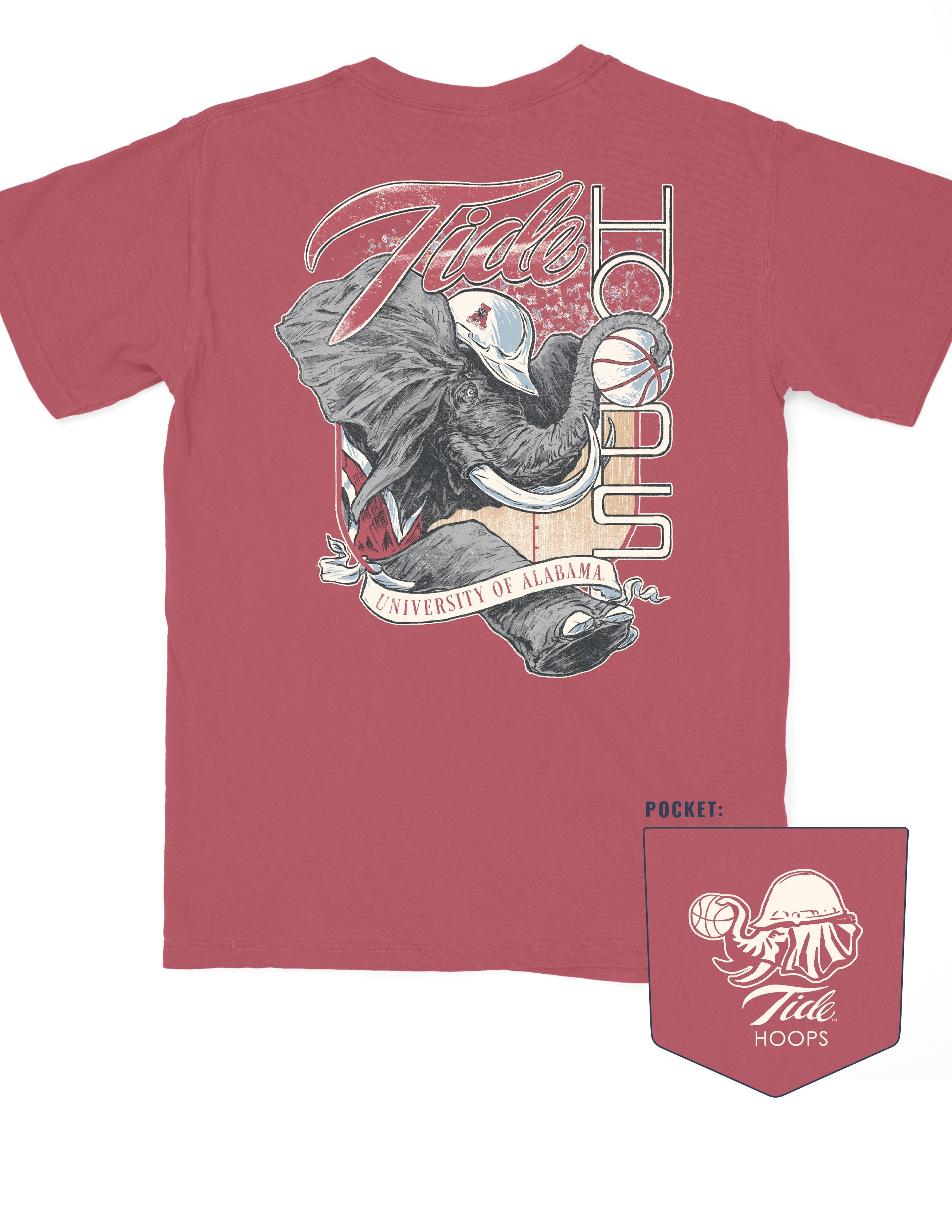 University of Alabama Red T-Shirt with Big Al wearing a hard hat and holding a basketball with his trunk to help spell the word “Hoops”