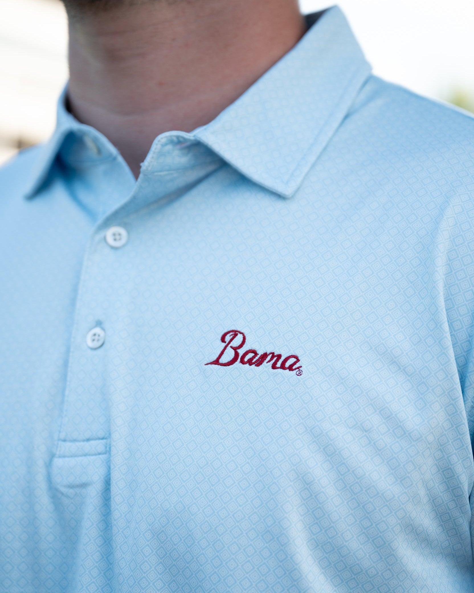 University of Alabama Blue Diamond Polo with Red embroidered "Bama" Script