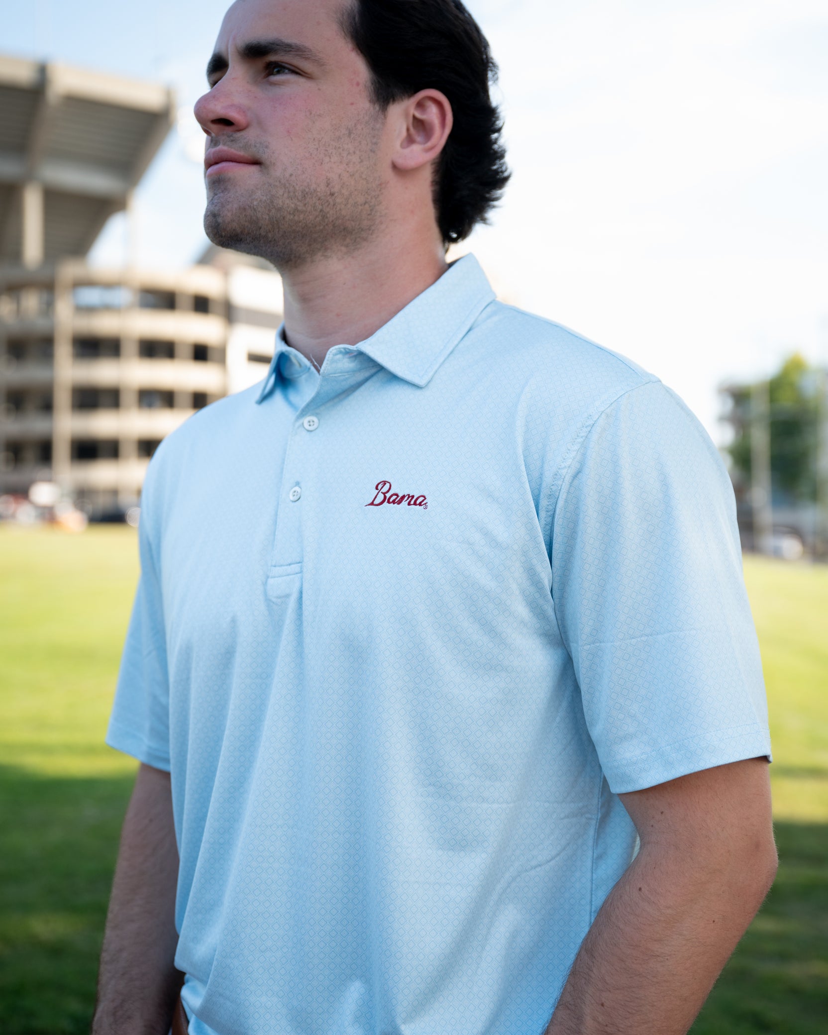 University of Alabama Blue Diamond Polo with Red embroidered "Bama" Script