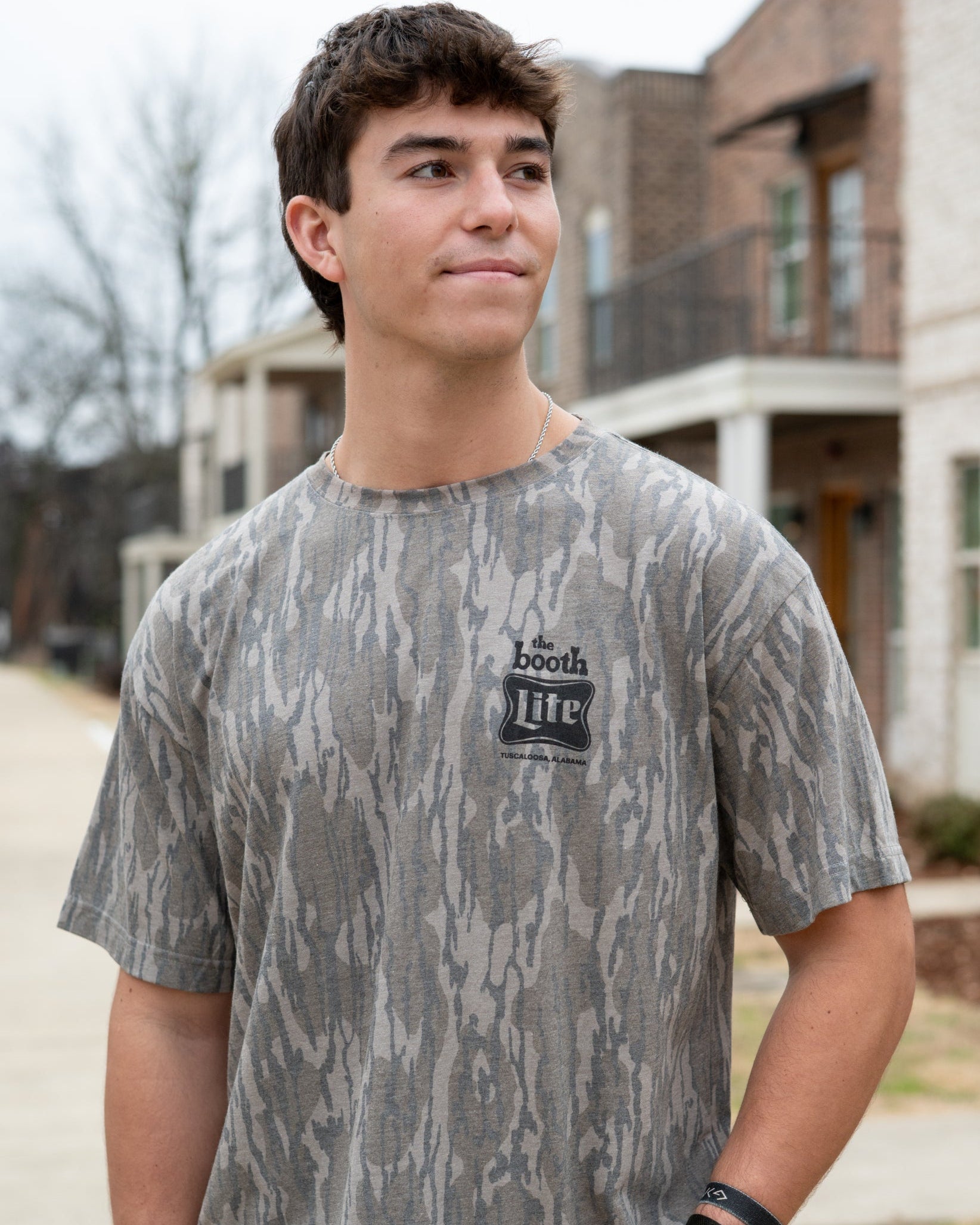 The Booth Camo T-Shirt with Black The Booth Logo on the Chest and the Back