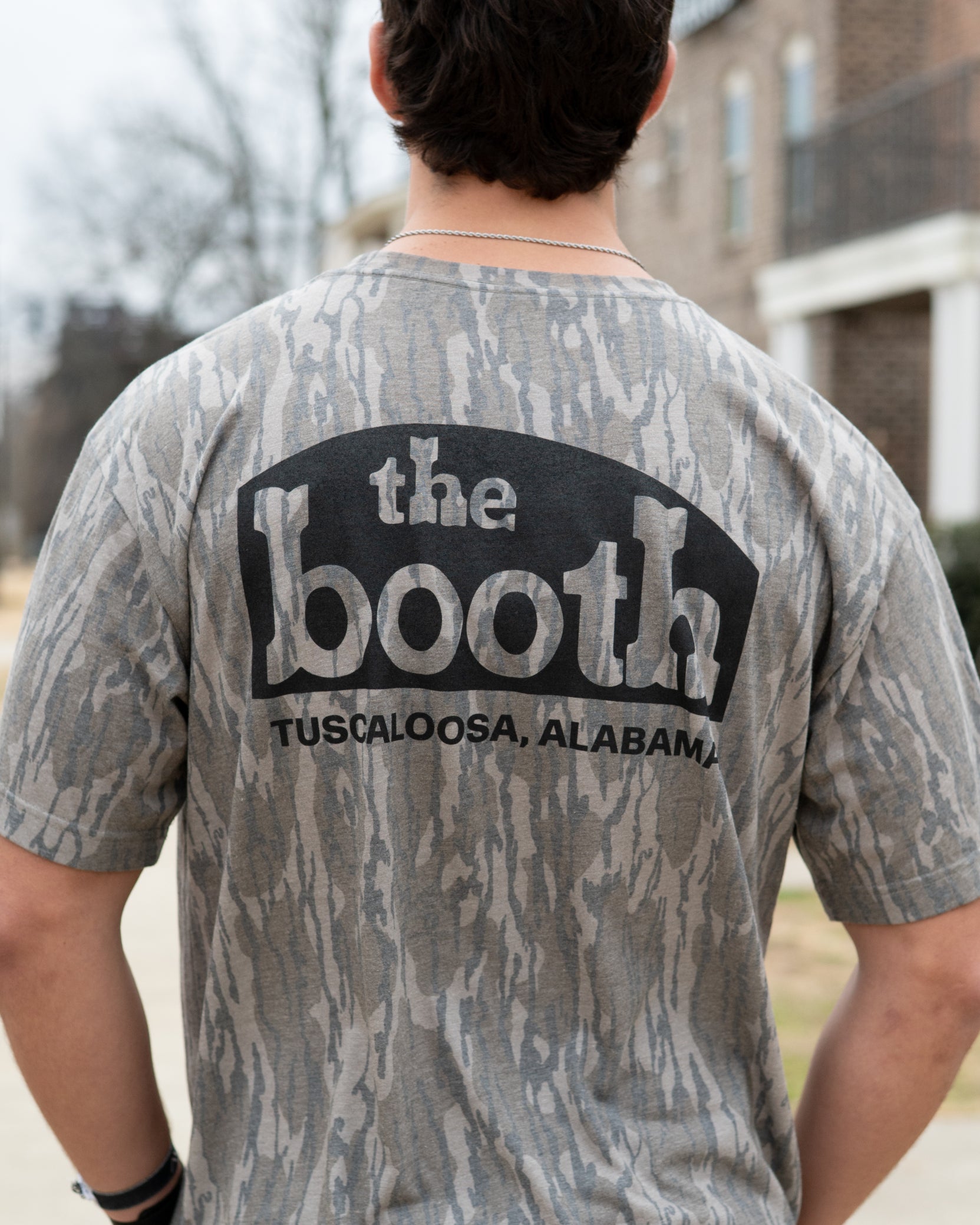 The Booth Camo T-Shirt with Black The Booth Logo on the Chest and the Back