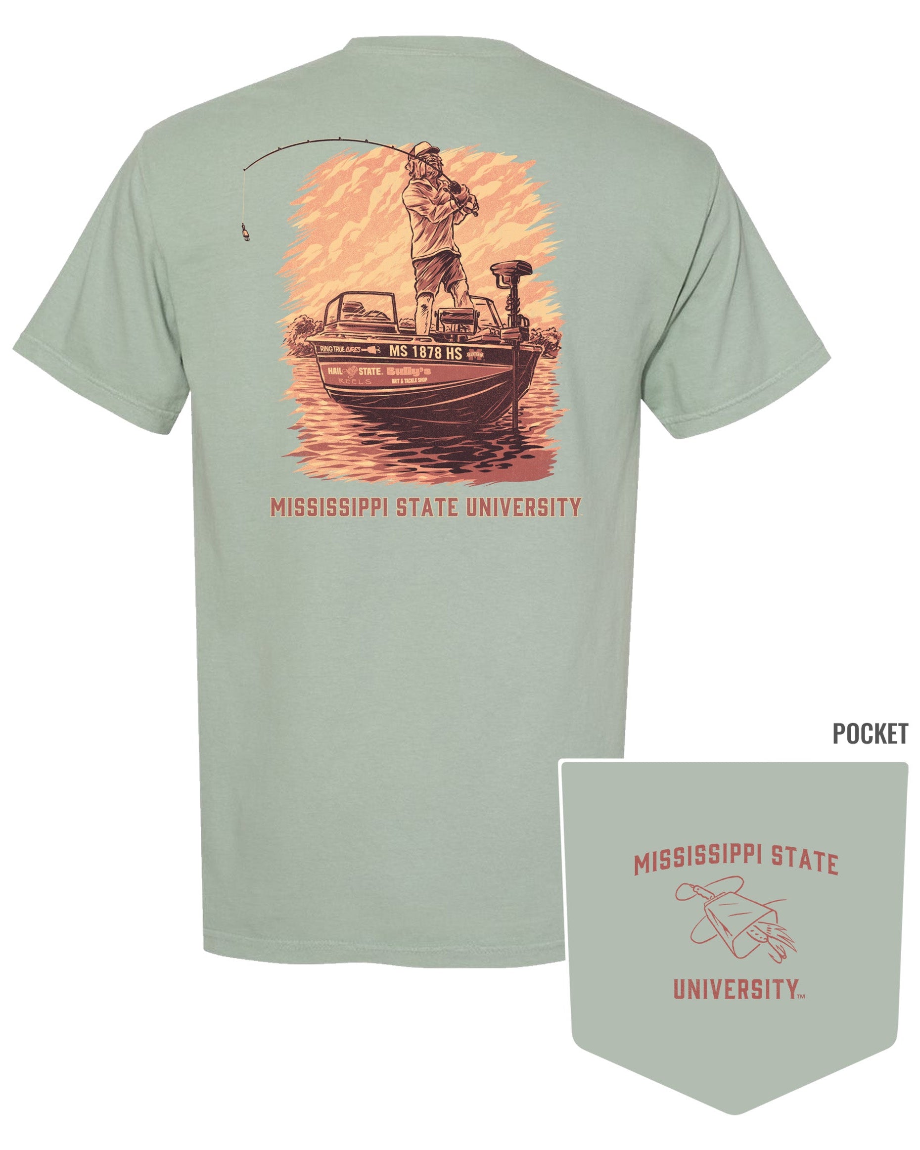 Mississippi State Light Green T-Shirt with an image of Bully bass fishing in a boat