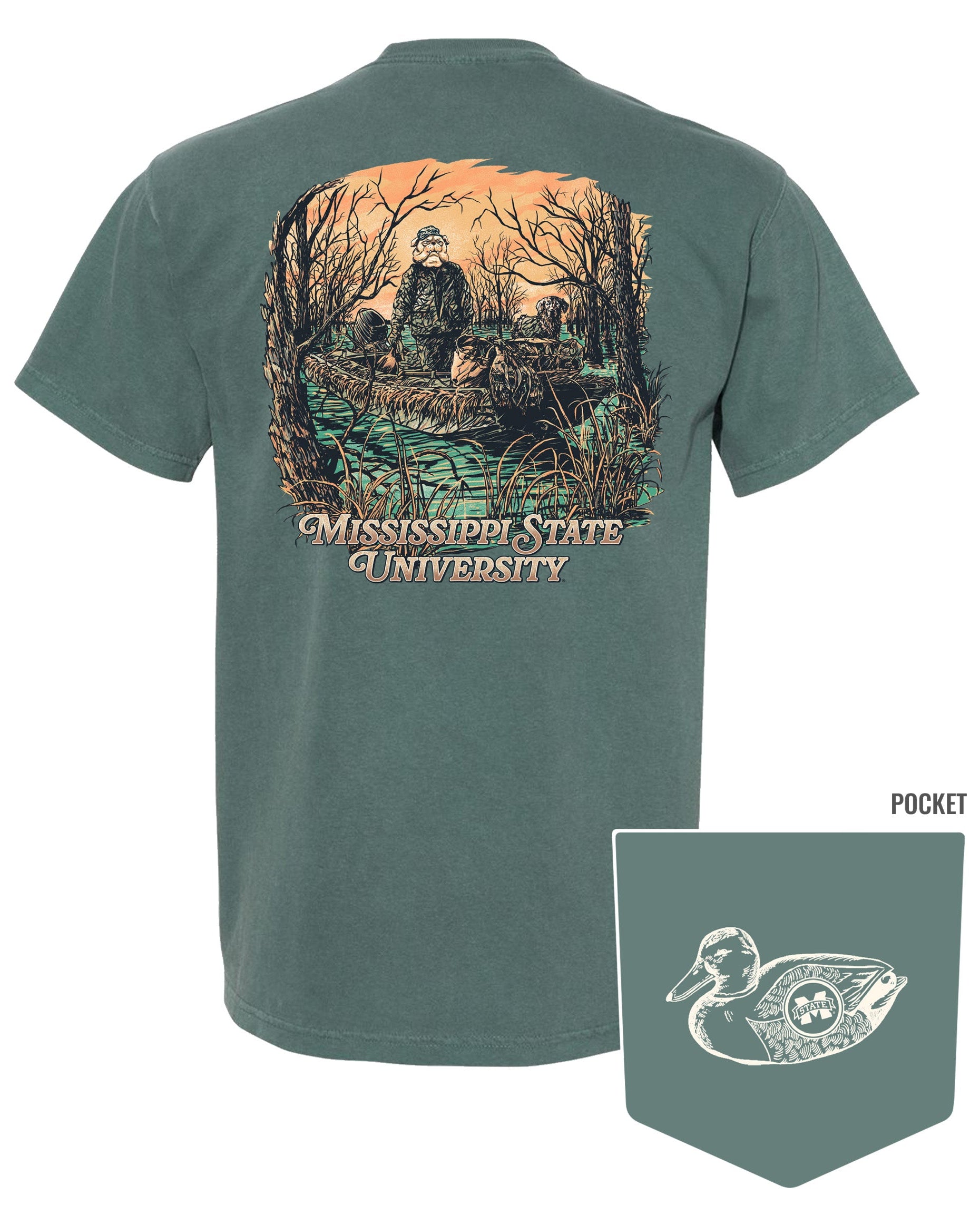 Mississippi State Dark Green T-Shirt with an image of Bully wearing hunting gear with a dog in a boat in the swamp