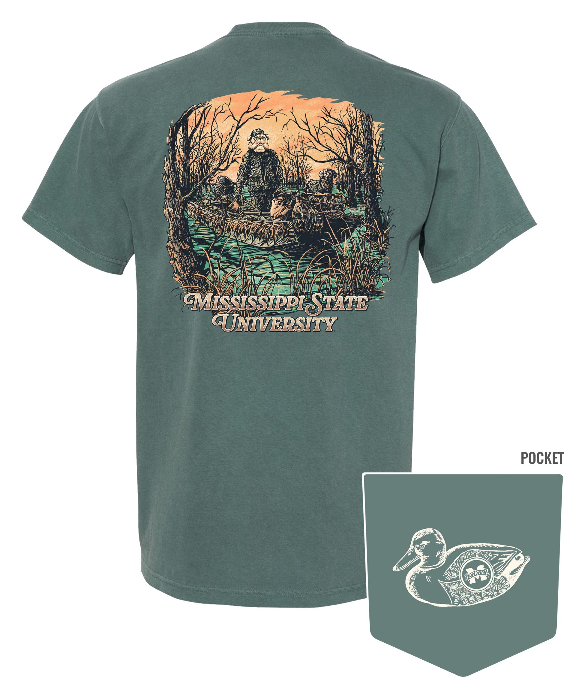 Mississippi State Dark Green T-Shirt with an image of Bully wearing hunting gear with a dog in a boat in the swamp