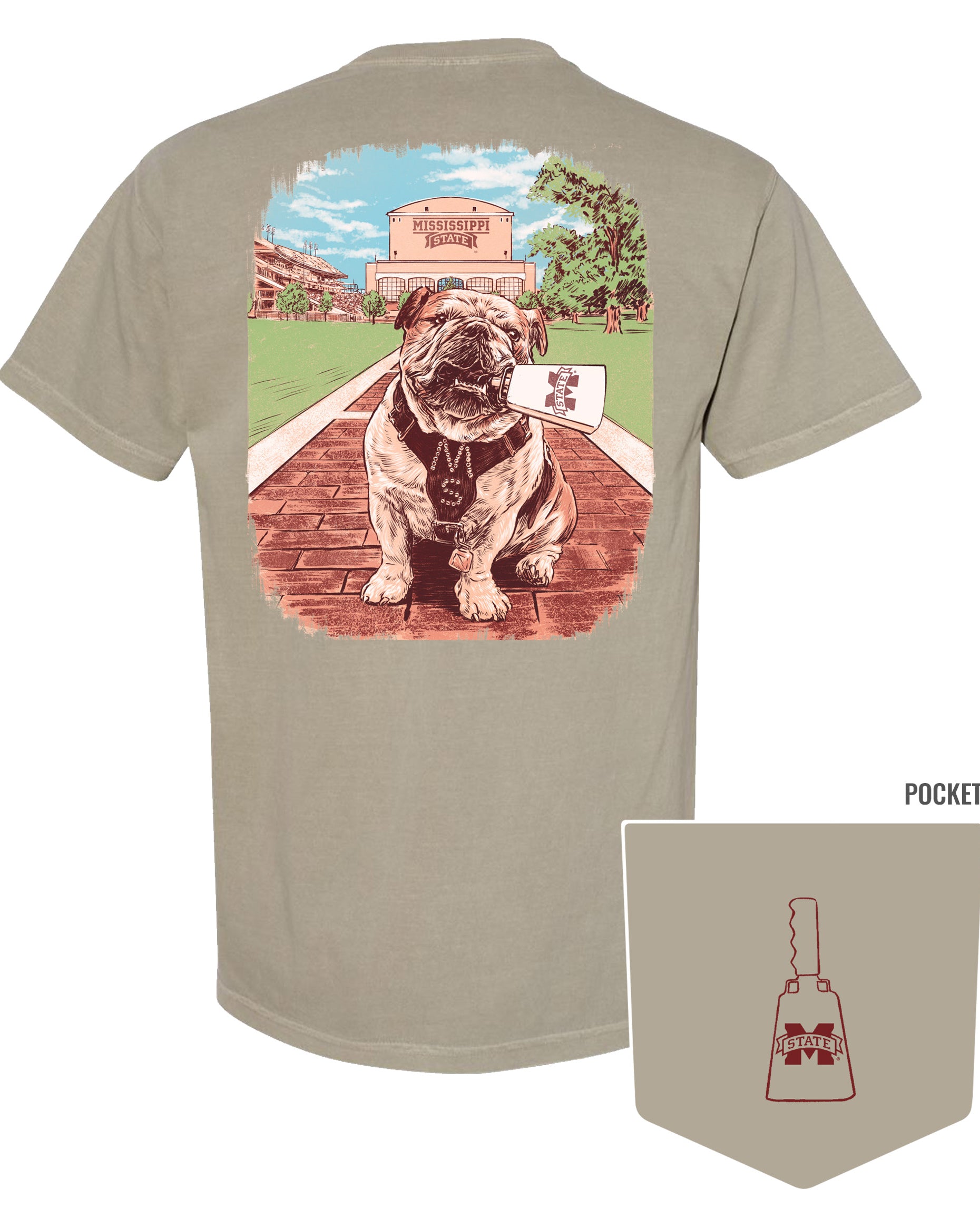 Mississippi State Tan T-Shirt with an image of Bully the bulldog holding a cowbell in it’s mouth on the brick walk into campus