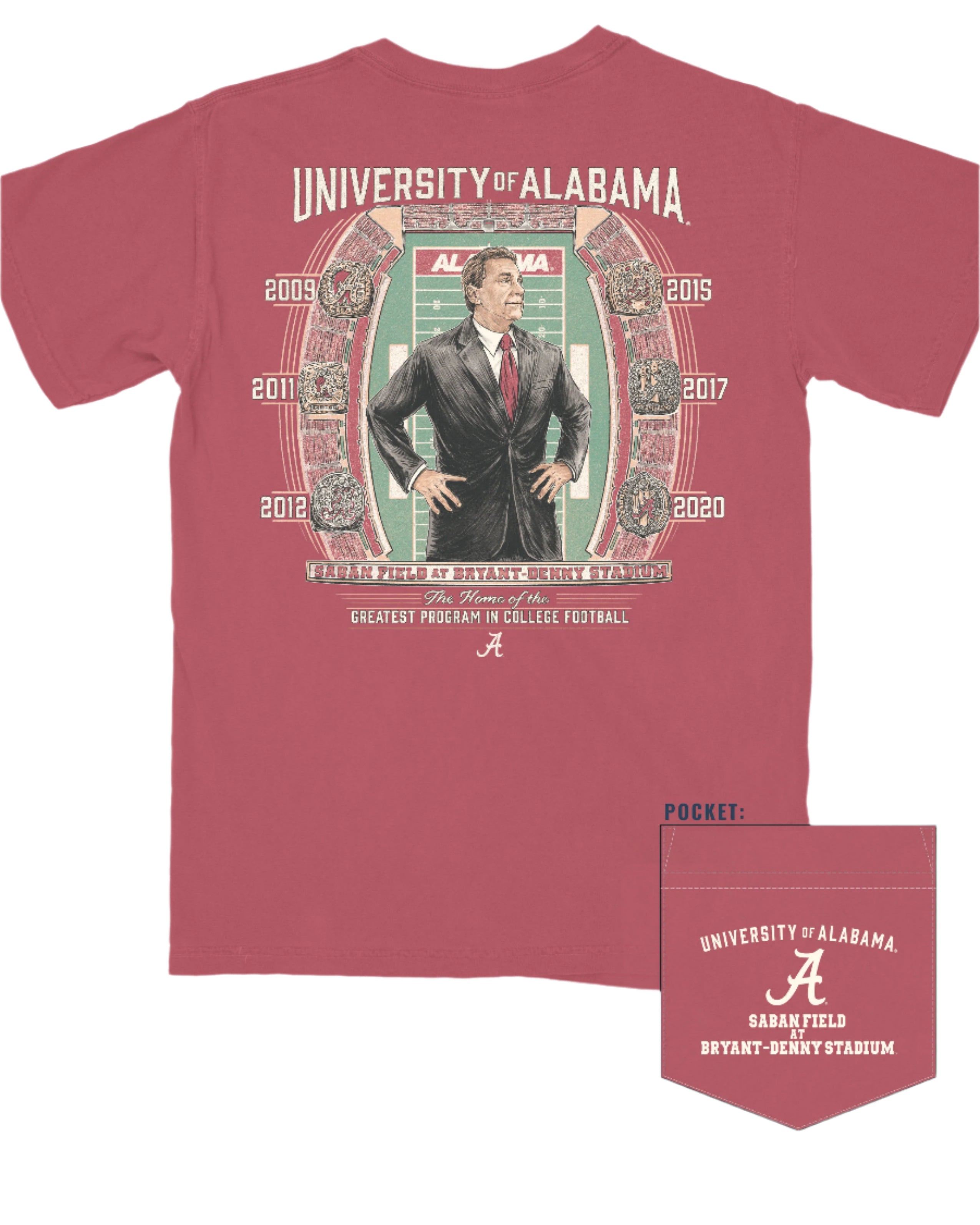 University of Alabama Champion Legacy at Saban Field Red Comfort Colors T-Shirt with an image of Nick Saban standing over Bryant-Denny Stadium surrounded by the years Alabama won the Football Championship