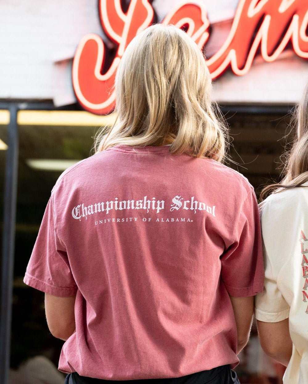 University of Alabama Red T-Shirt with White text "Championship School" in gothic script