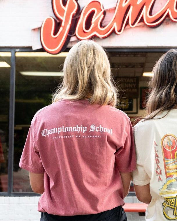 University of Alabama Red T-Shirt with White text "Championship School" in gothic script