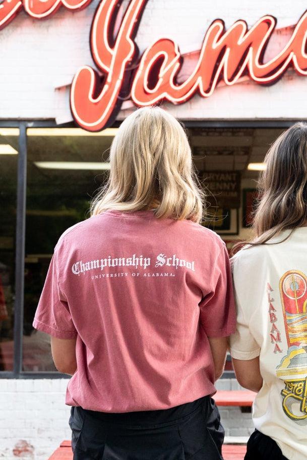 University of Alabama Red T-Shirt with White text "Championship School" in gothic script
